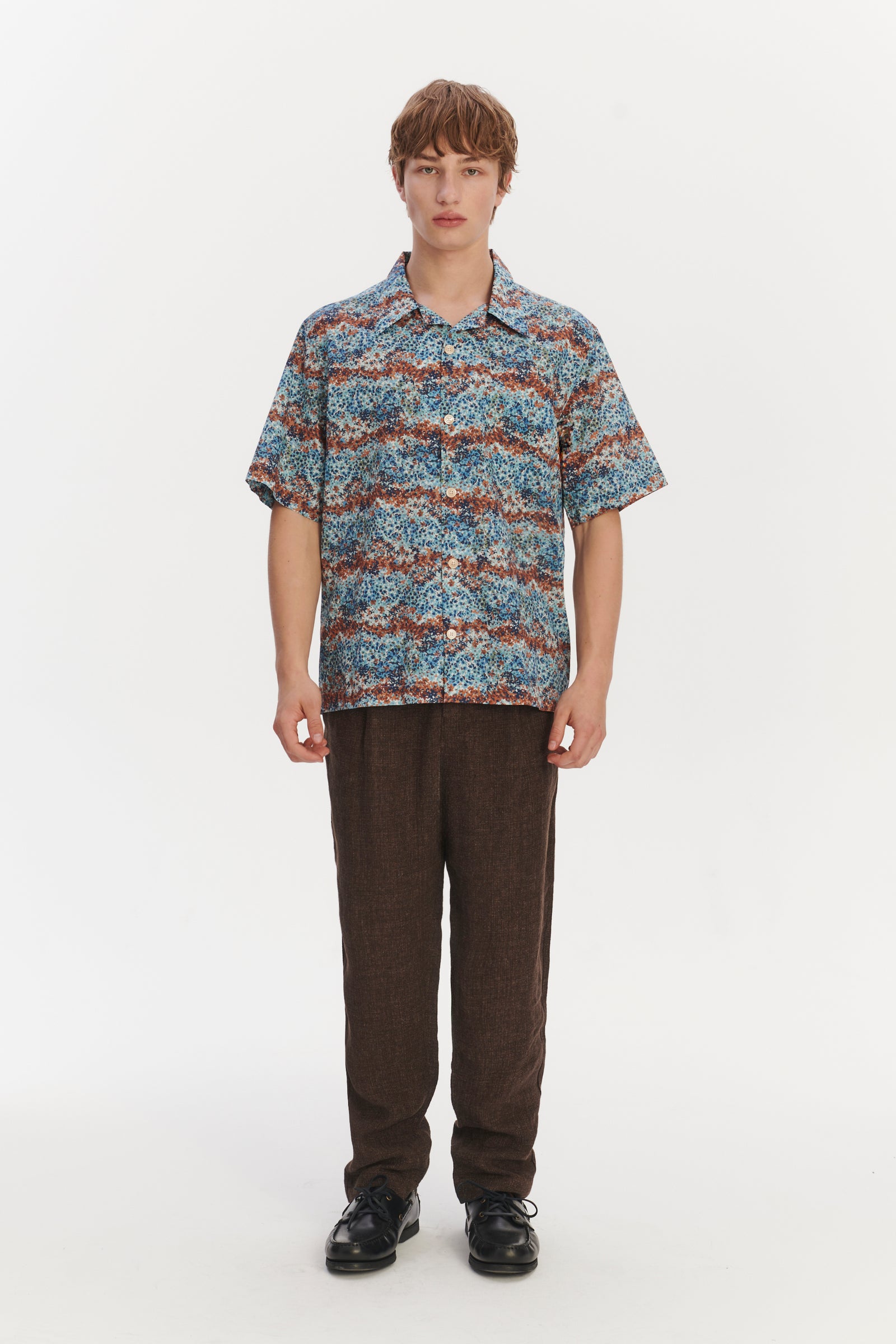 Short Sleeve Cuban Collar Shirt in a Fantasy Sea Blue, Amber,Light Green and White Printed Italian Cotton