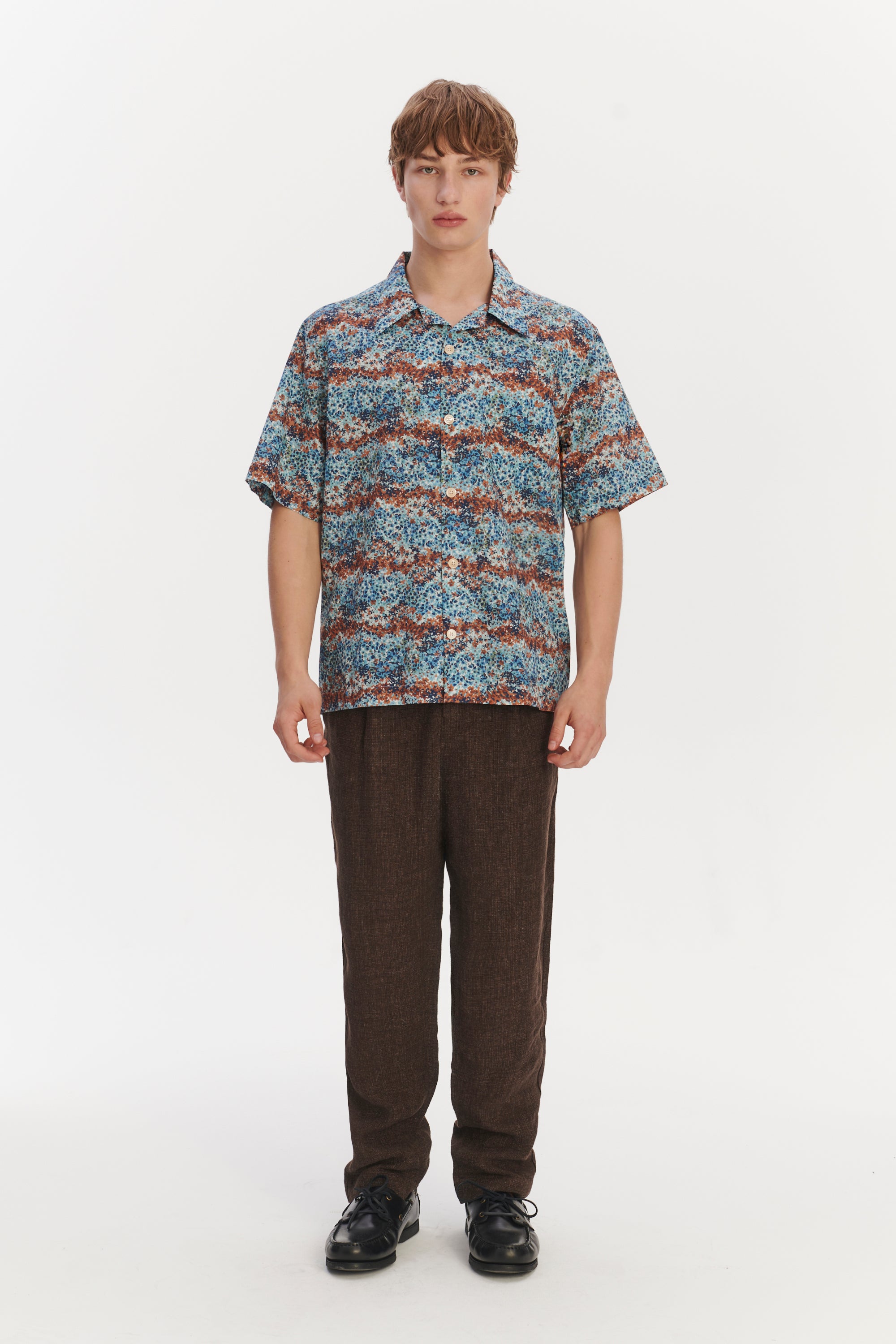Short Sleeve Cuban Collar Shirt in a Fantasy Sea Blue, Amber,Light Green and White Printed Italian Cotton