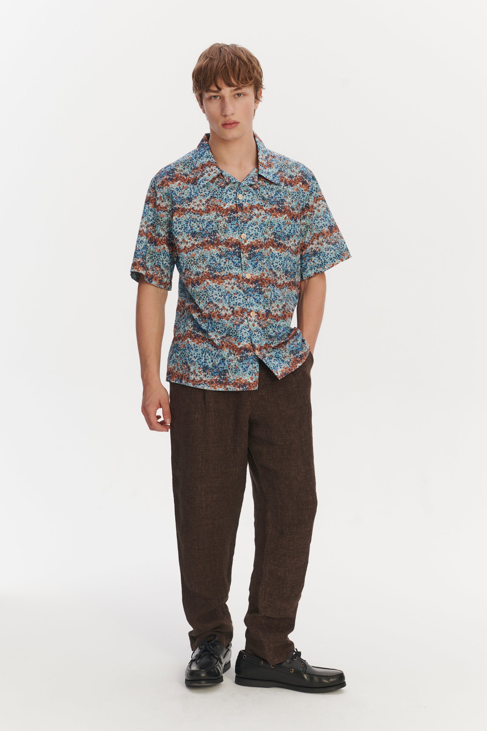 Short Sleeve Cuban Collar Shirt in a Fantasy Sea Blue, Amber,Light Green and White Printed Italian Cotton