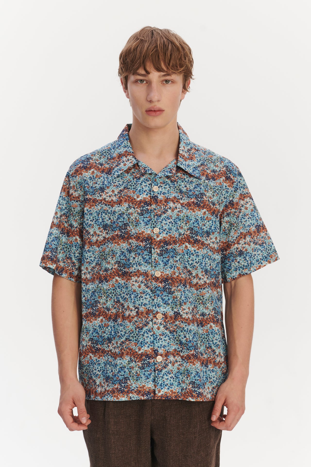 Short Sleeve Cuban Collar Shirt in a Fantasy Sea Blue, Amber,Light Green and White Printed Italian Cotton