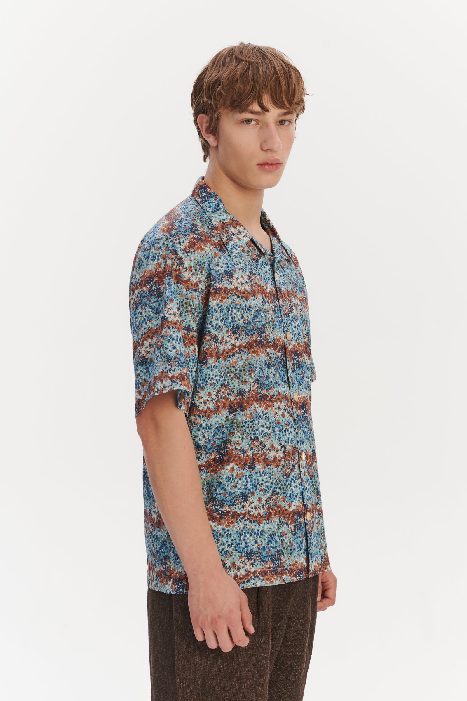 Short Sleeve Cuban Collar Shirt in a Fantasy Sea Blue, Amber,Light Green and White Printed Italian Cotton
