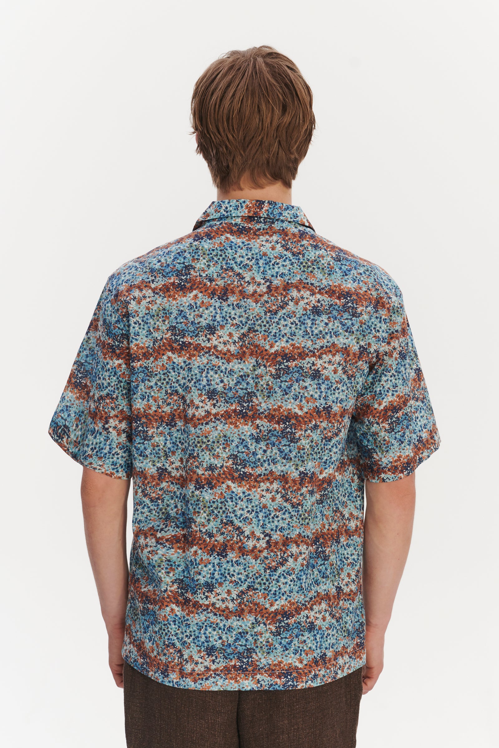 Short Sleeve Cuban Collar Shirt in a Fantasy Sea Blue, Amber,Light Green and White Printed Italian Cotton