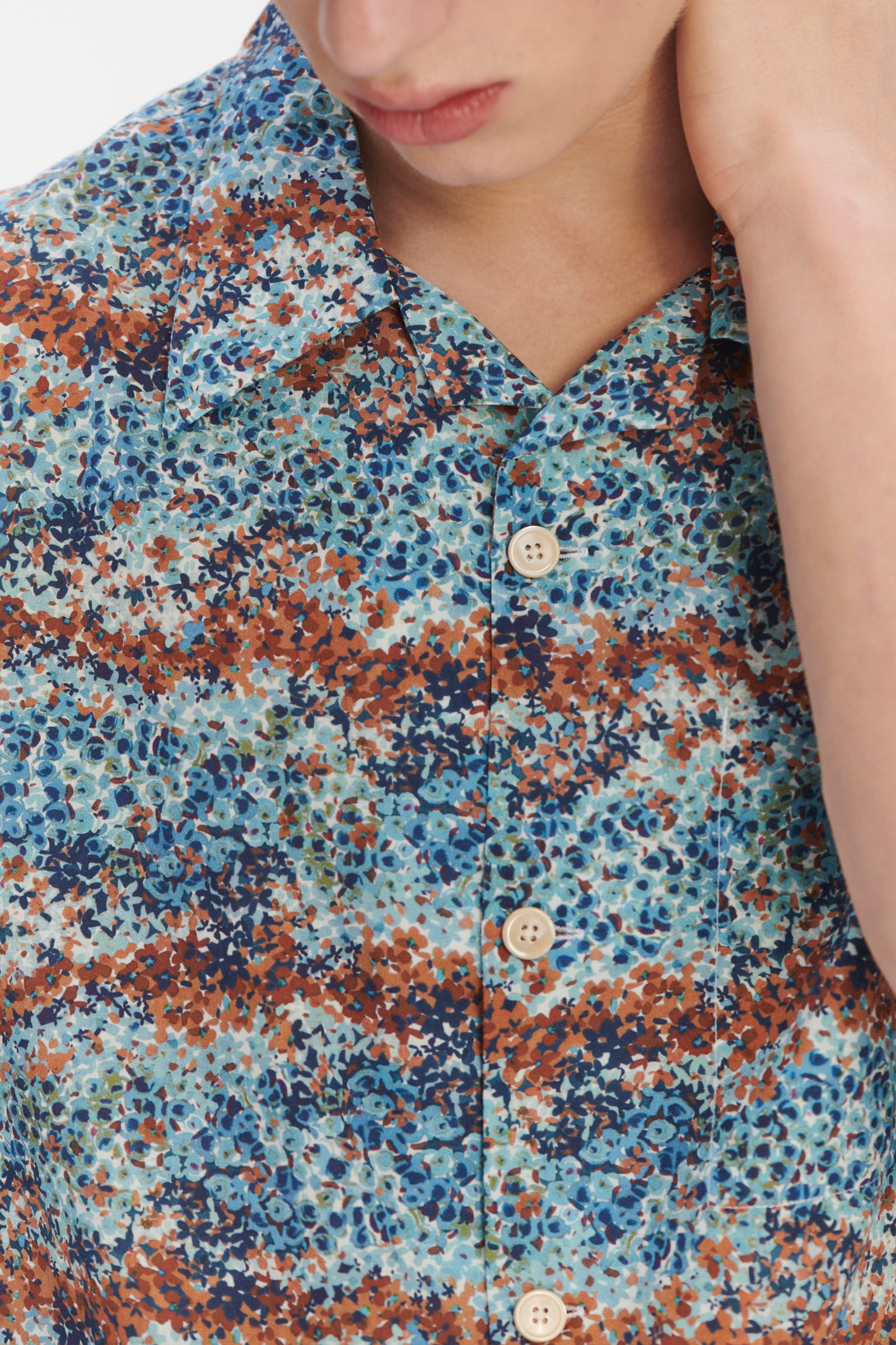 Short Sleeve Cuban Collar Shirt in a Fantasy Sea Blue, Amber,Light Green and White Printed Italian Cotton