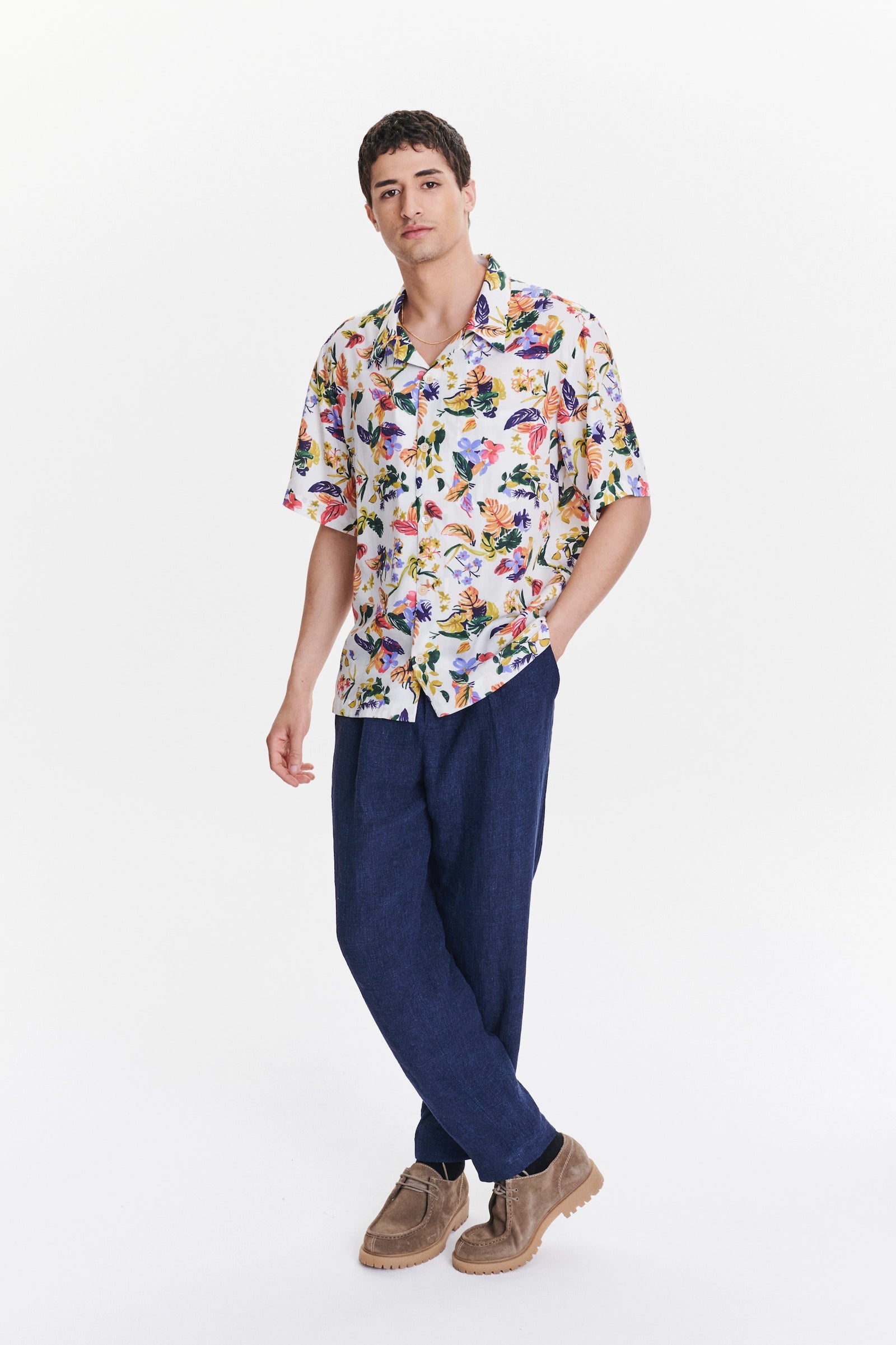 Short Sleeve Cuban Collar Shirt in a Green, Yellow, Blue and Pink Flower Natural Italian Lyocell