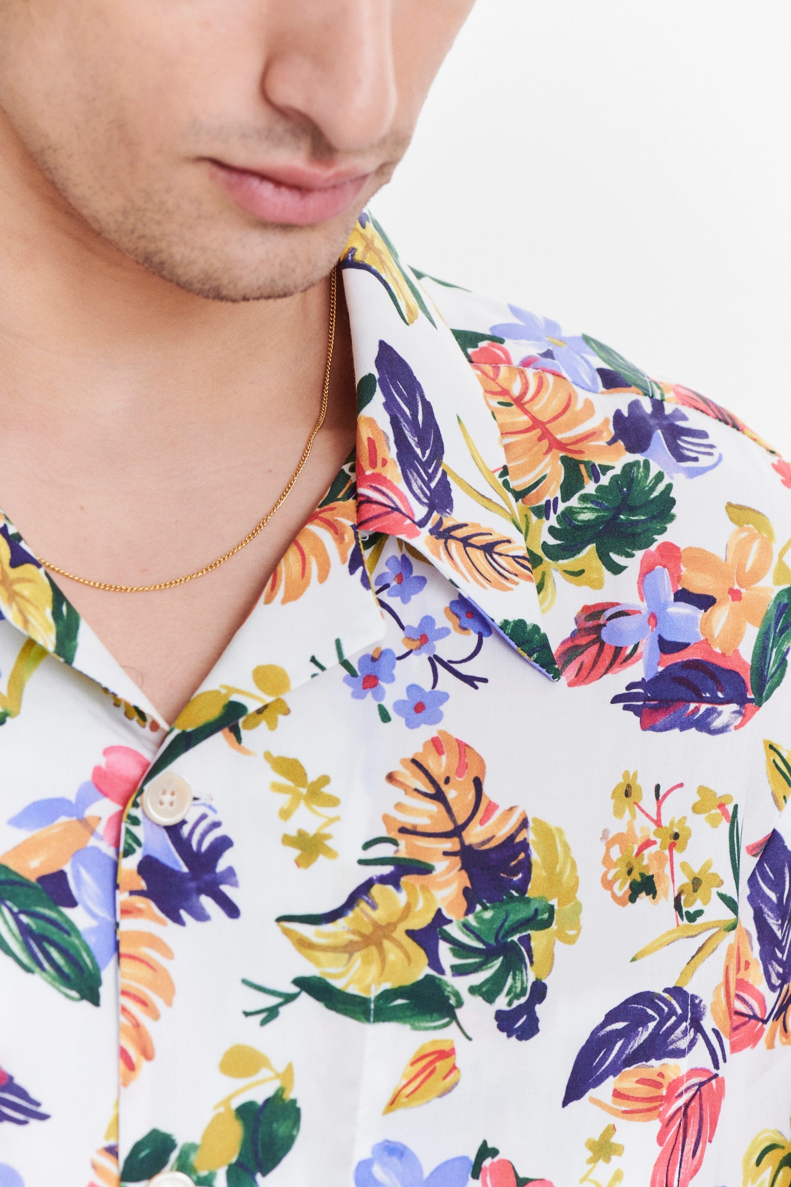 Short Sleeve Cuban Collar Shirt in a Green, Yellow, Blue and Pink Flower Natural Italian Lyocell