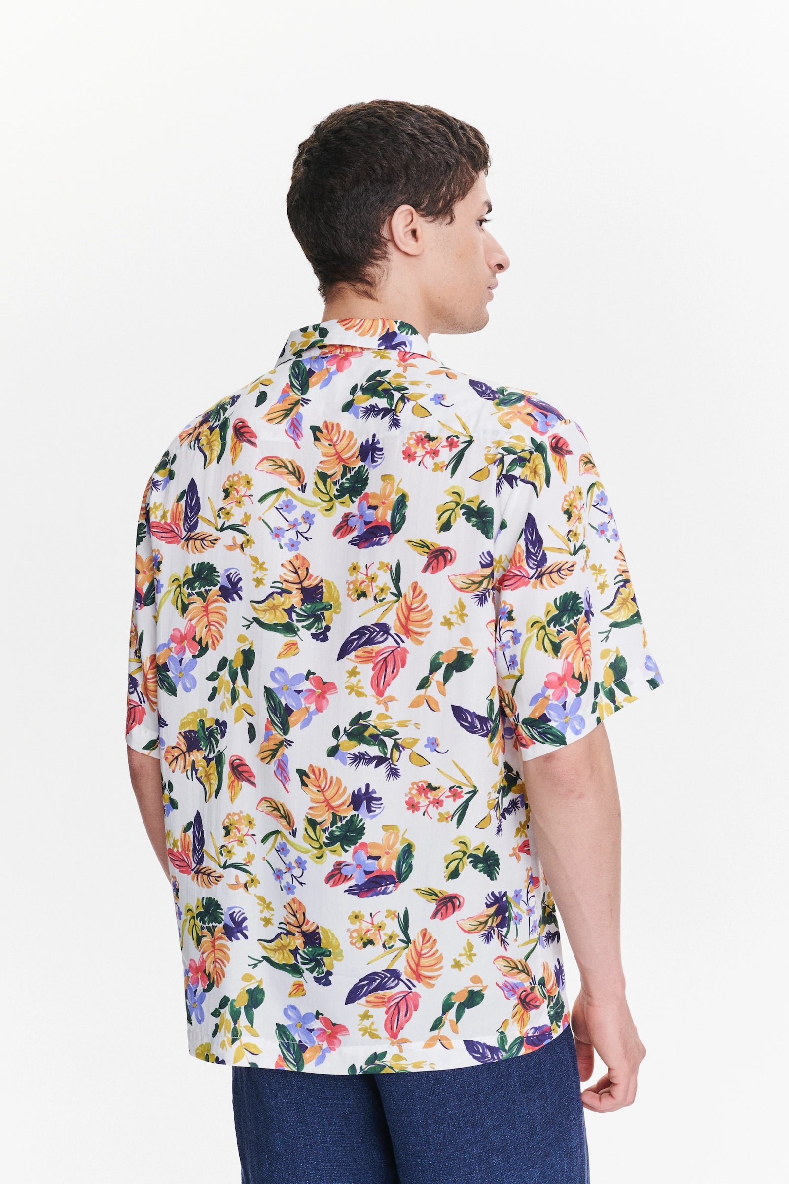 Short Sleeve Cuban Collar Shirt in a Green, Yellow, Blue and Pink Flower Natural Italian Lyocell