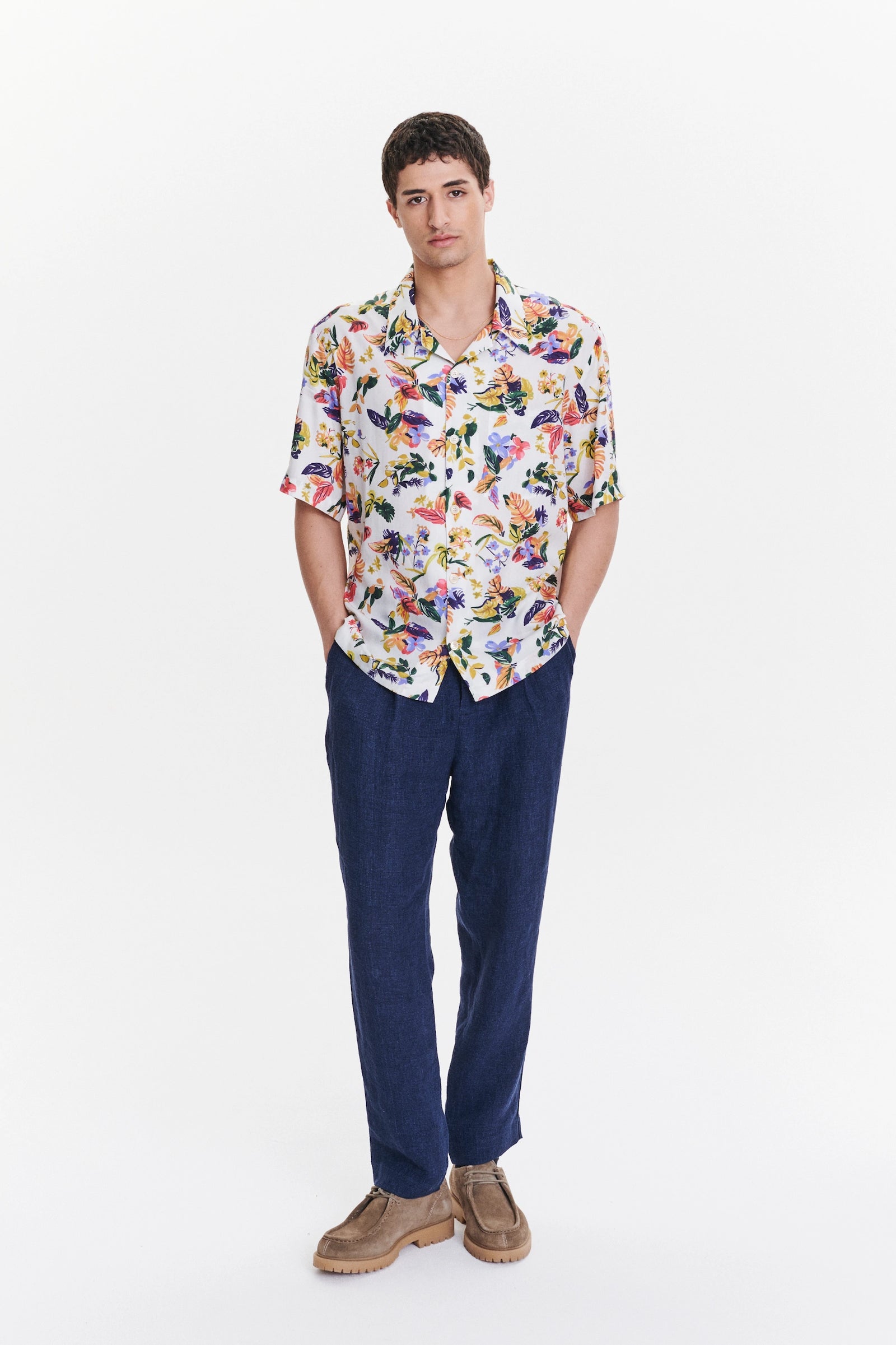 Short Sleeve Cuban Collar Shirt in a Green, Yellow, Blue and Pink Flower Natural Italian Lyocell