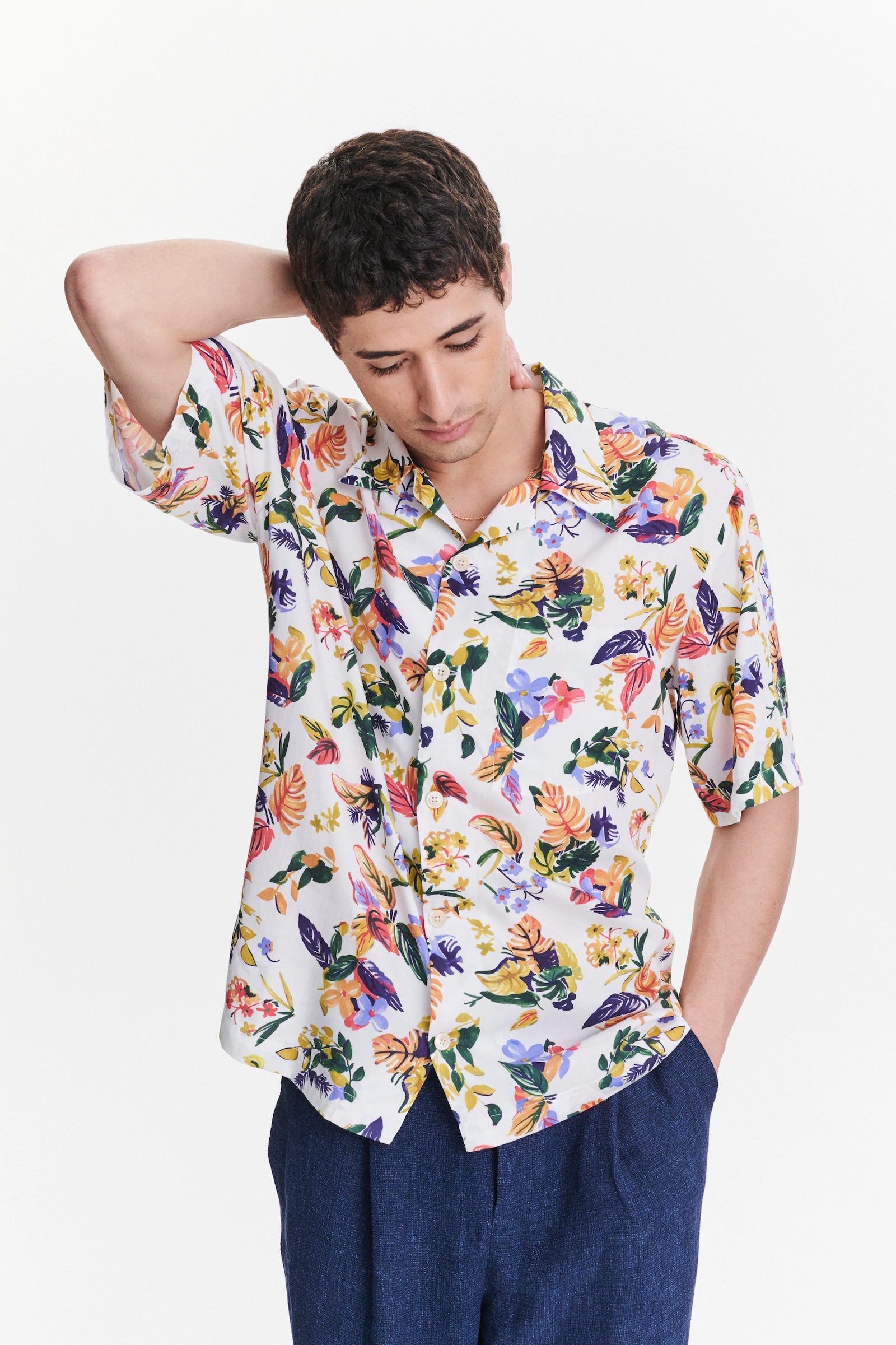 Short Sleeve Cuban Collar Shirt in a Green, Yellow, Blue and Pink Flower Natural Italian Lyocell
