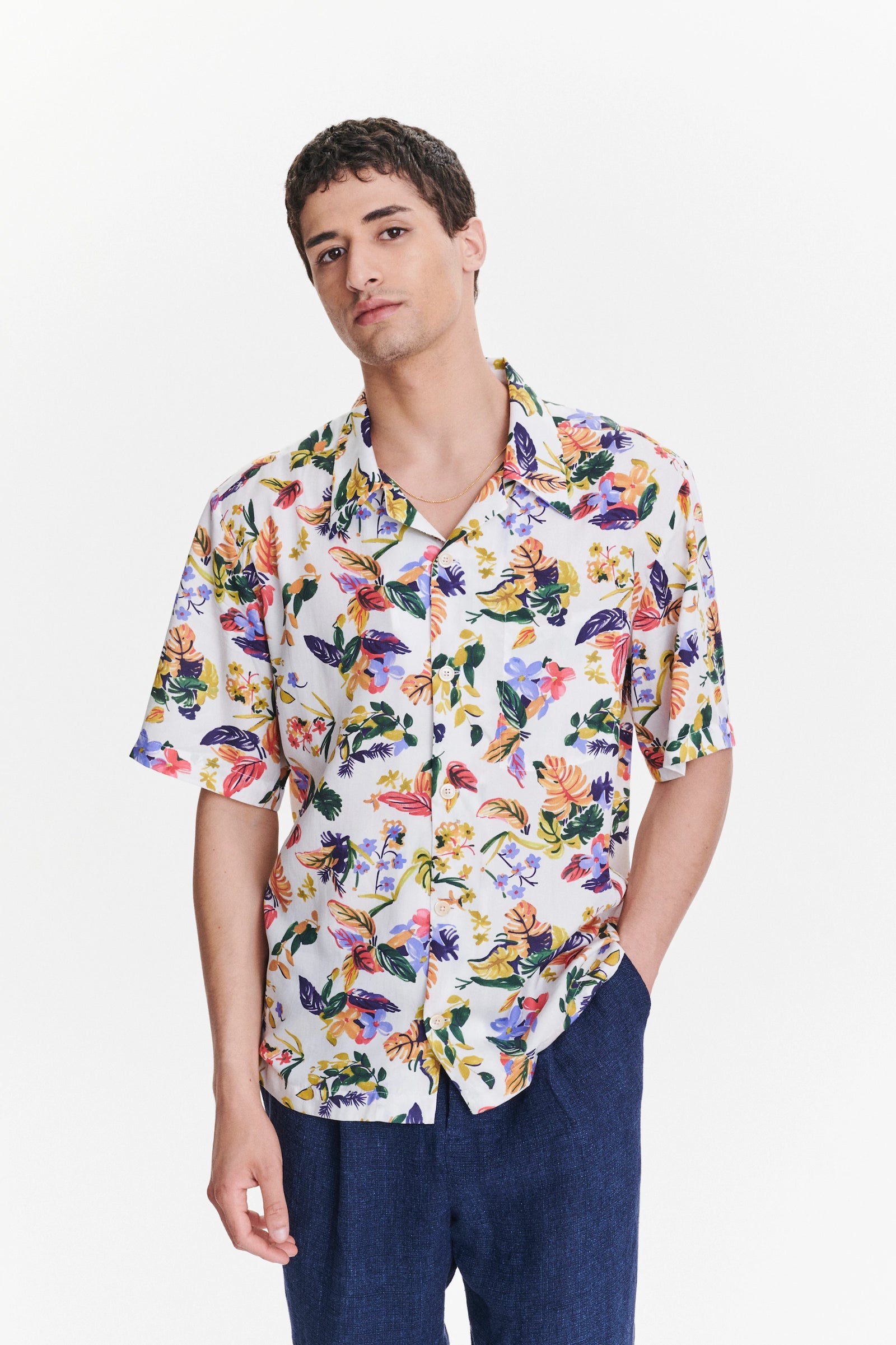 Short Sleeve Cuban Collar Shirt in a Green, Yellow, Blue and Pink Flower Natural Italian Lyocell