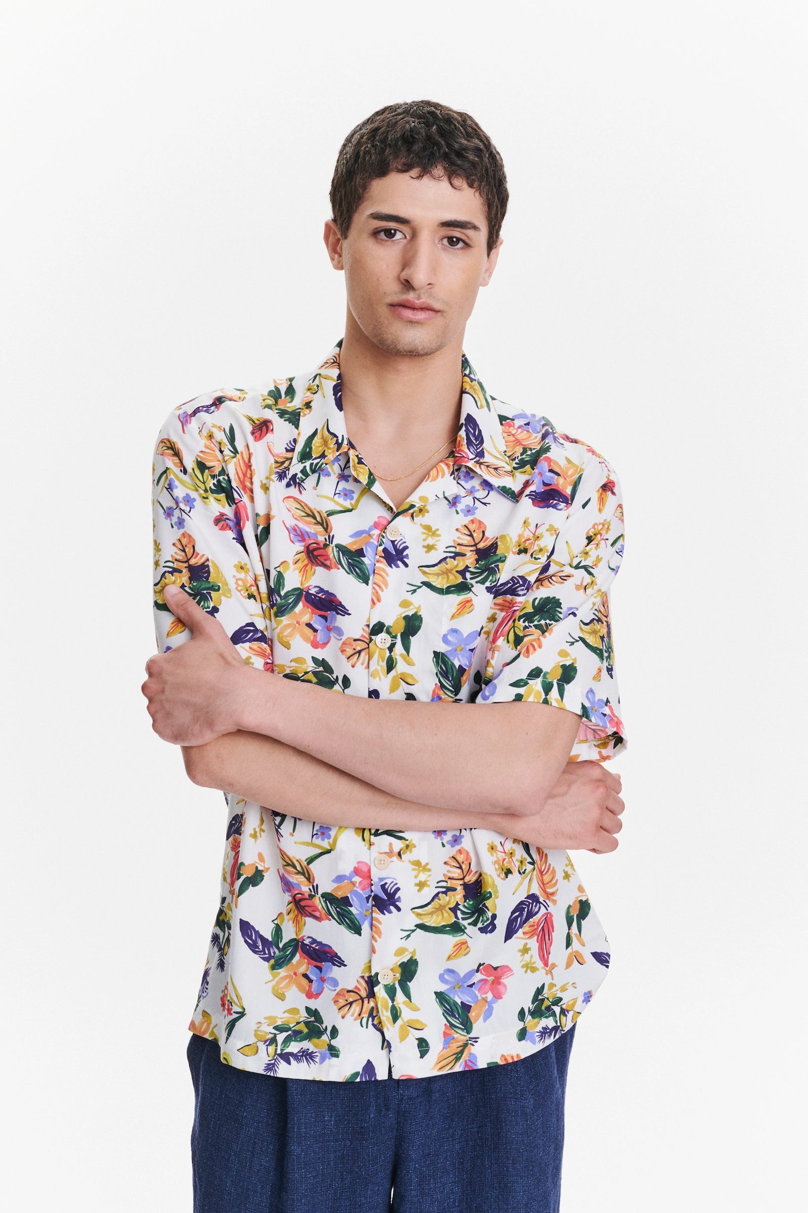 Short Sleeve Cuban Collar Shirt in a Green, Yellow, Blue and Pink Flower Natural Italian Lyocell