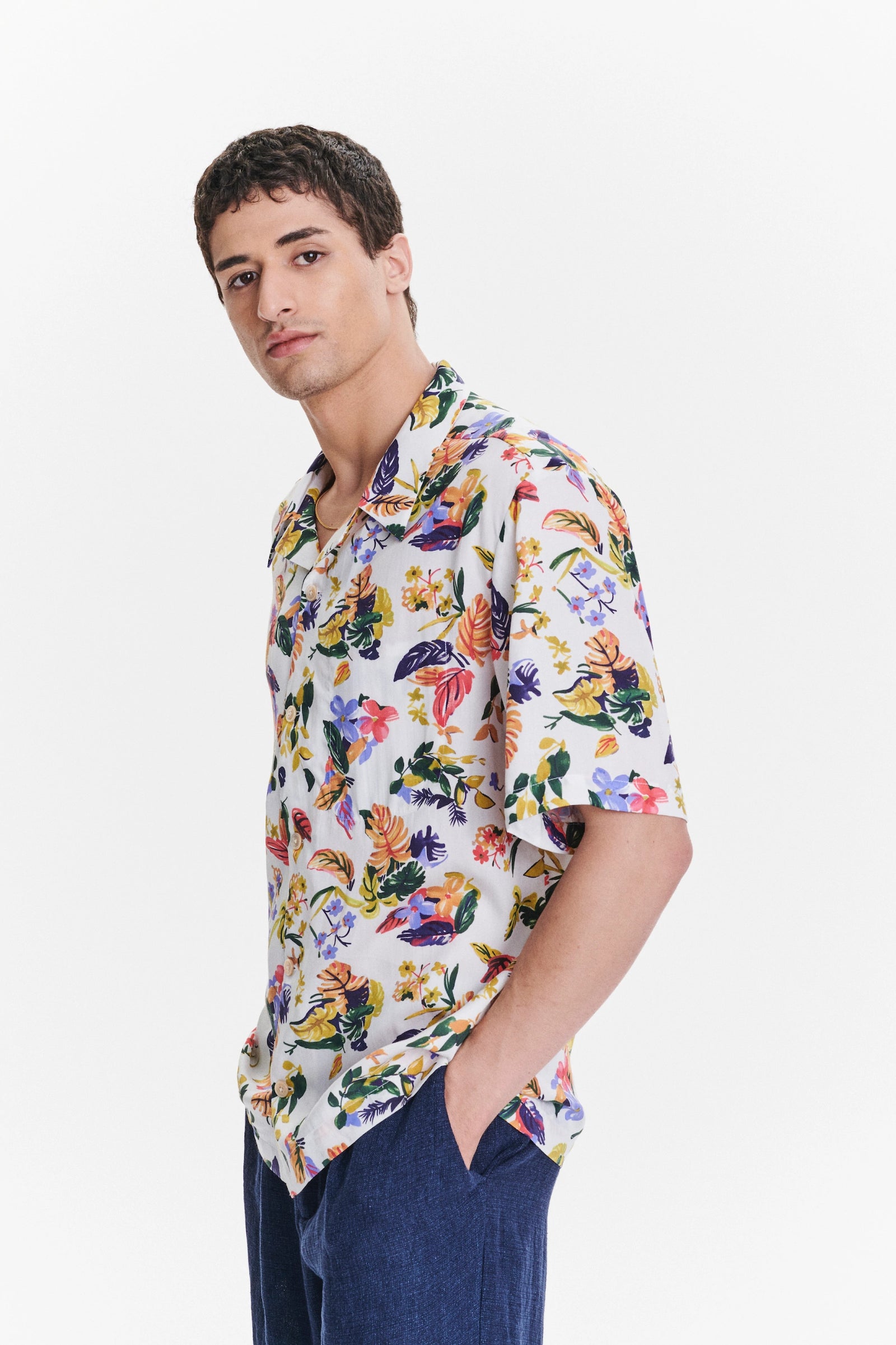 Short Sleeve Cuban Collar Shirt in a Green, Yellow, Blue and Pink Flower Natural Italian Lyocell