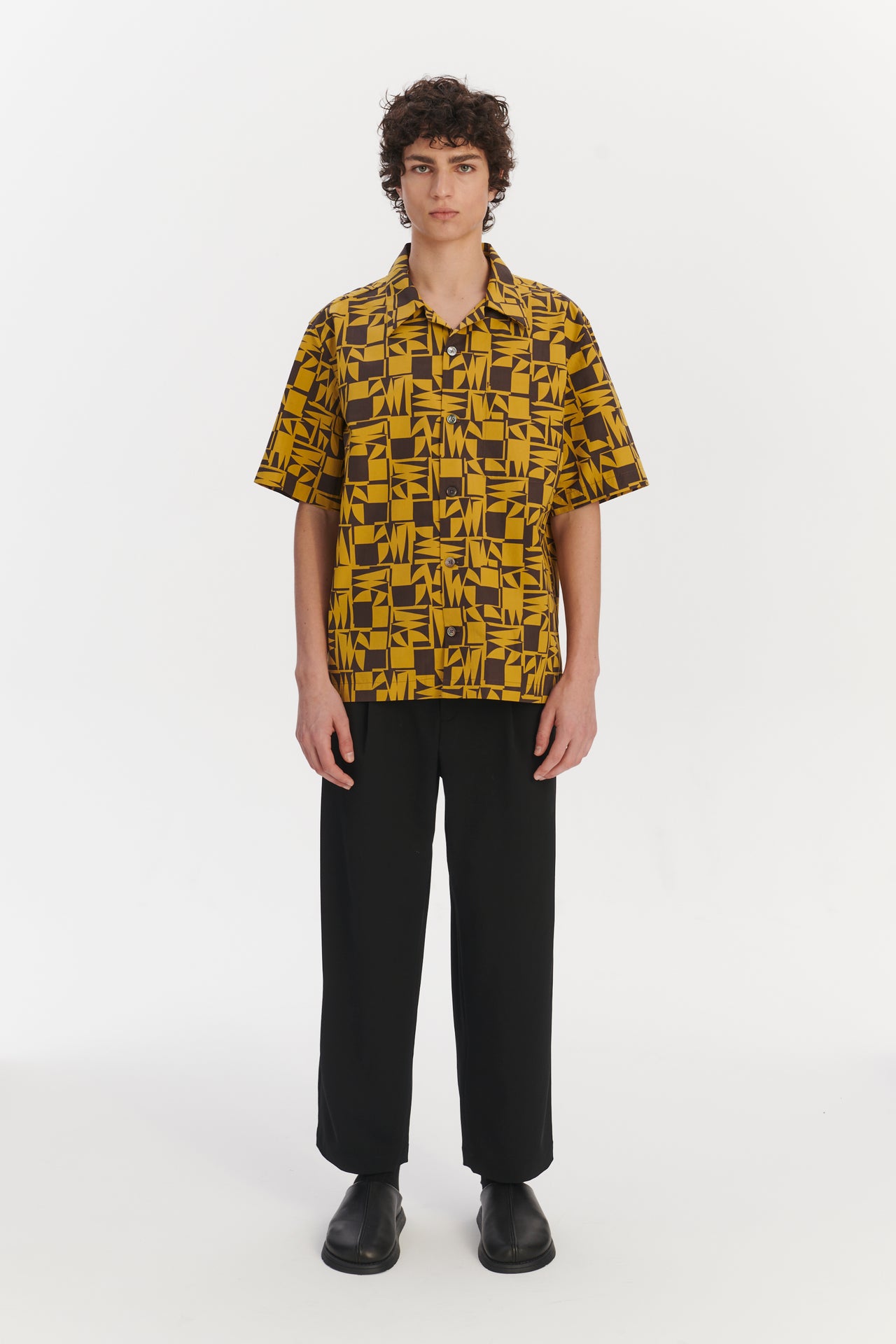 Short Sleeve Cuban Collar Shirt in a Yellow and Brown Geometric Italian Cotton