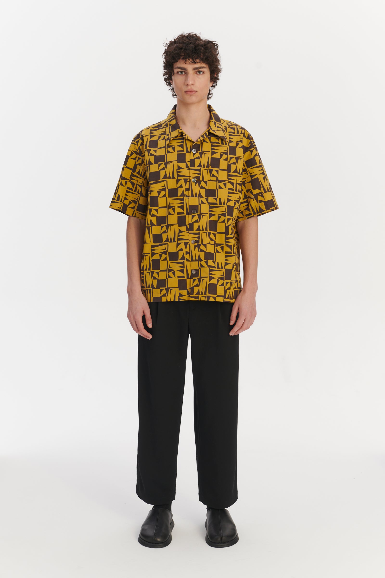 Short Sleeve Cuban Collar Shirt in a Yellow and Brown Geometric Italian Cotton