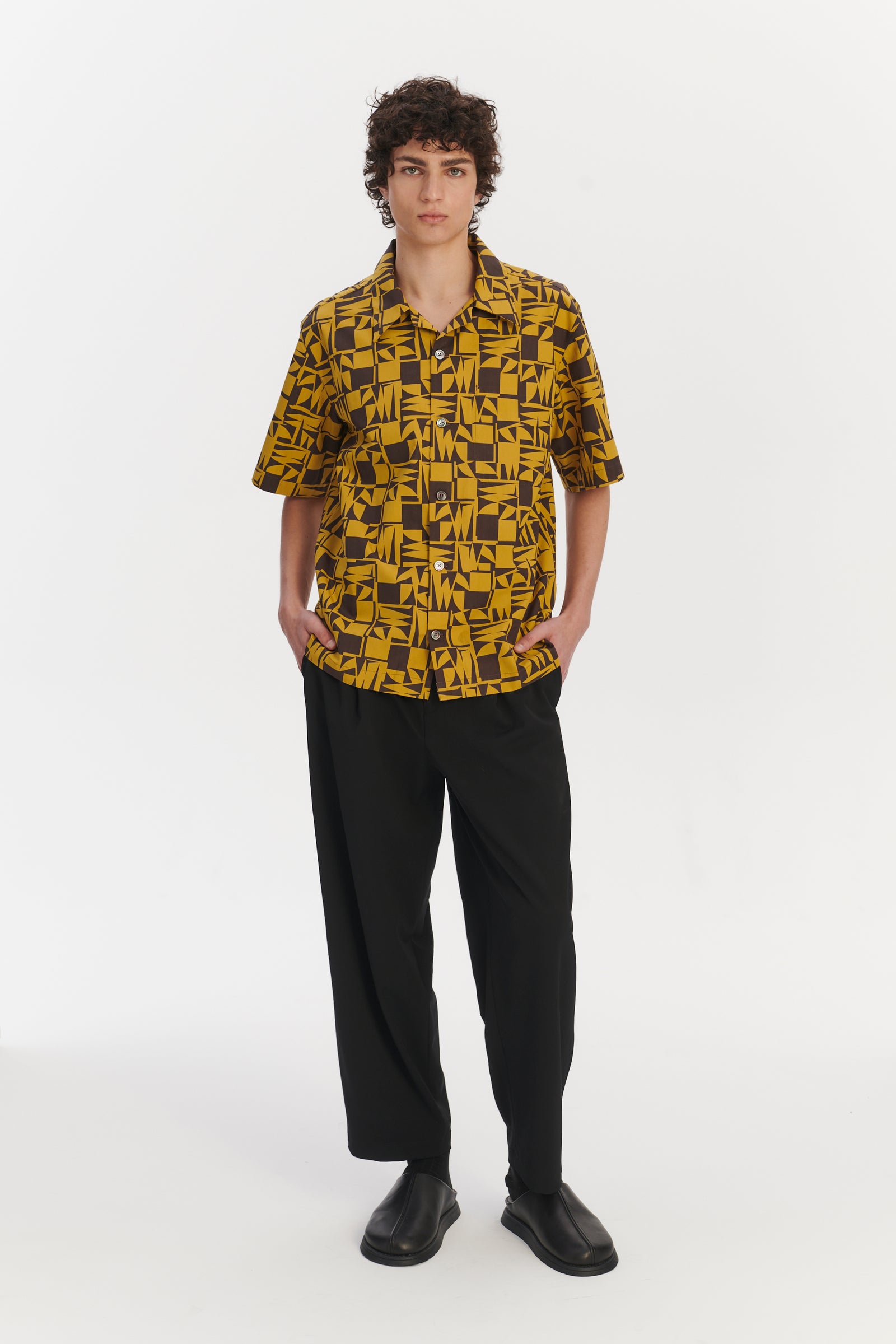 Short Sleeve Cuban Collar Shirt in a Yellow and Brown Geometric Italian Cotton