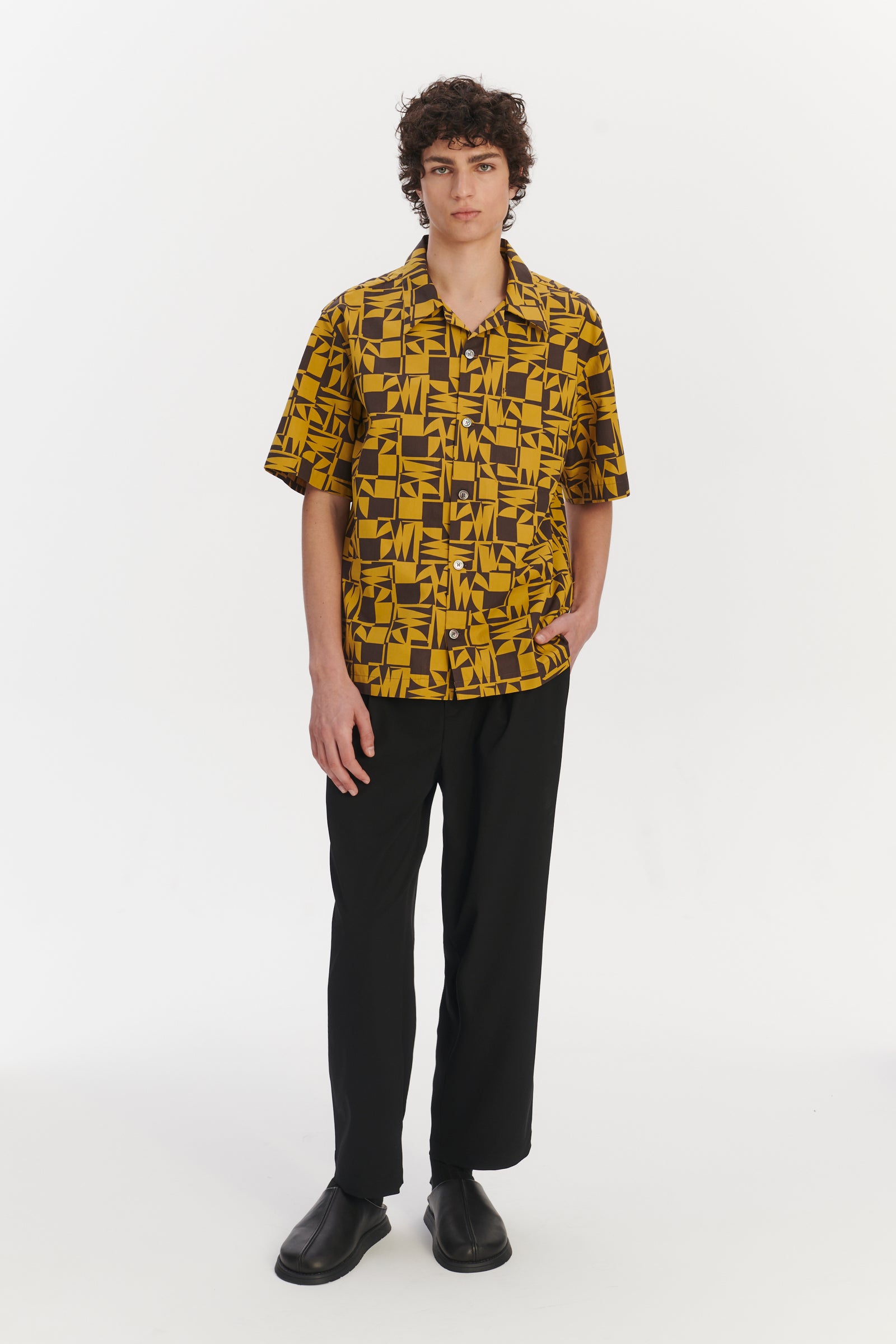 Short Sleeve Cuban Collar Shirt in a Yellow and Brown Geometric Italian Cotton