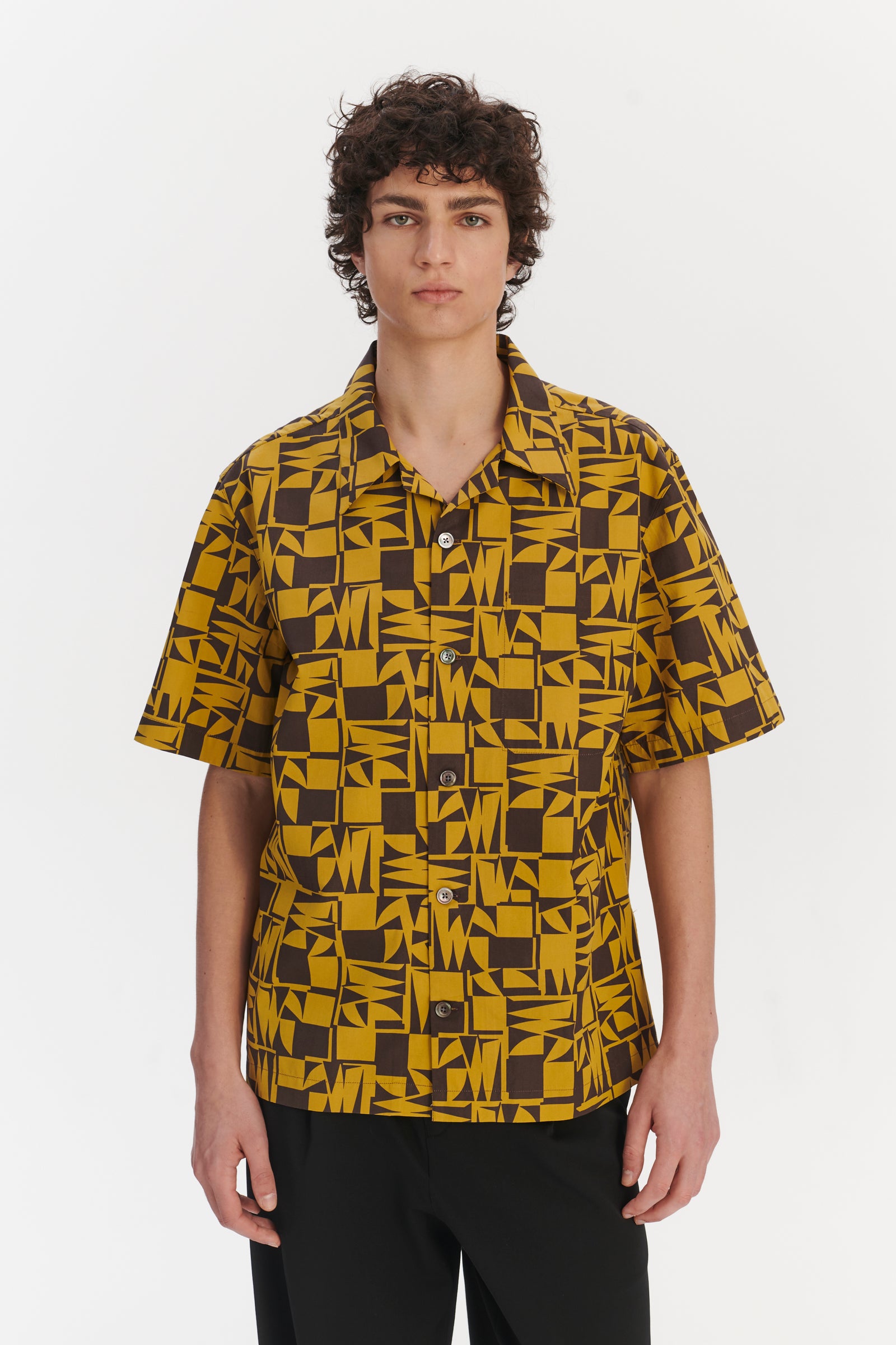 Short Sleeve Cuban Collar Shirt in a Yellow and Brown Geometric Italian Cotton