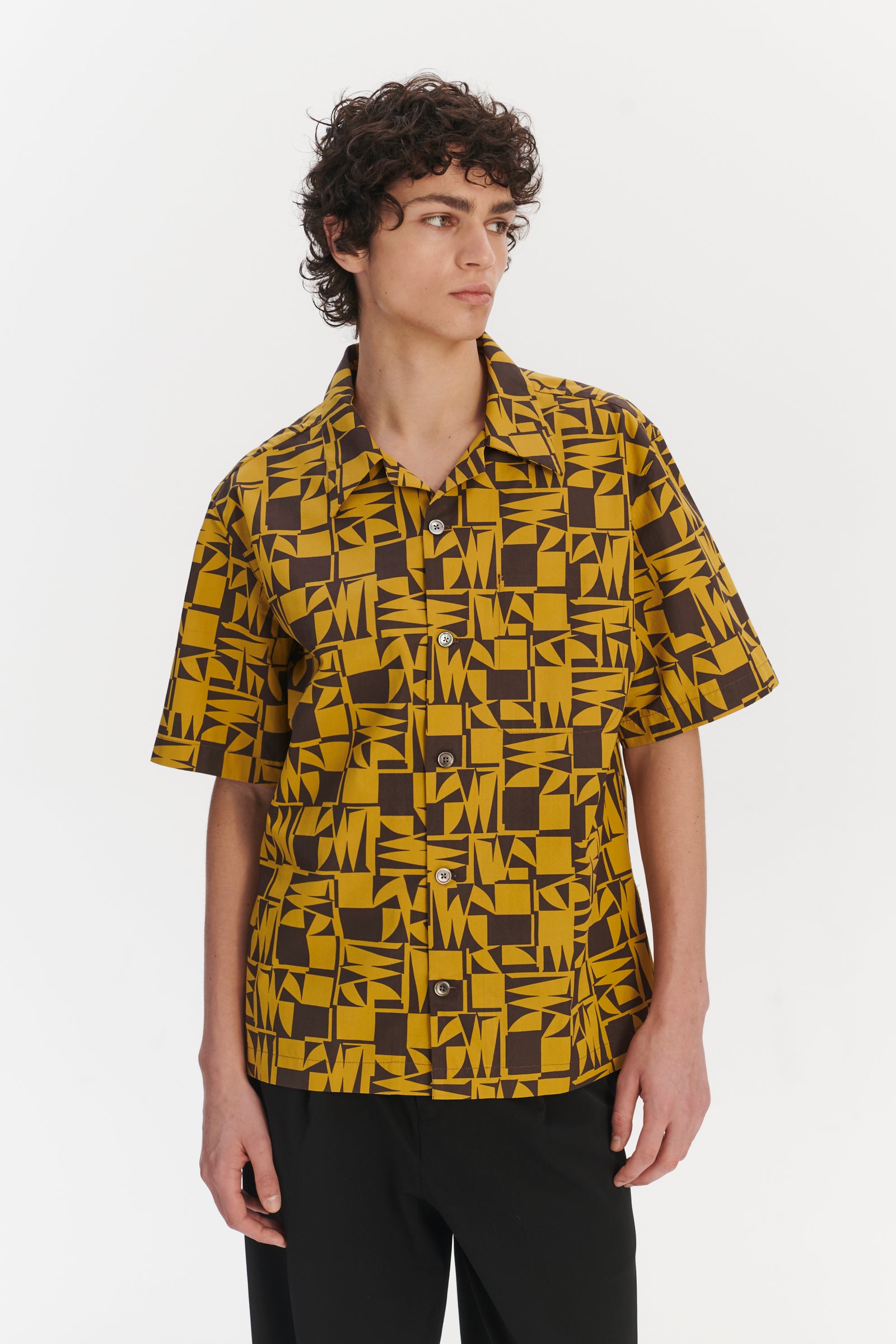 Short Sleeve Cuban Collar Shirt in a Yellow and Brown Geometric Italian Cotton
