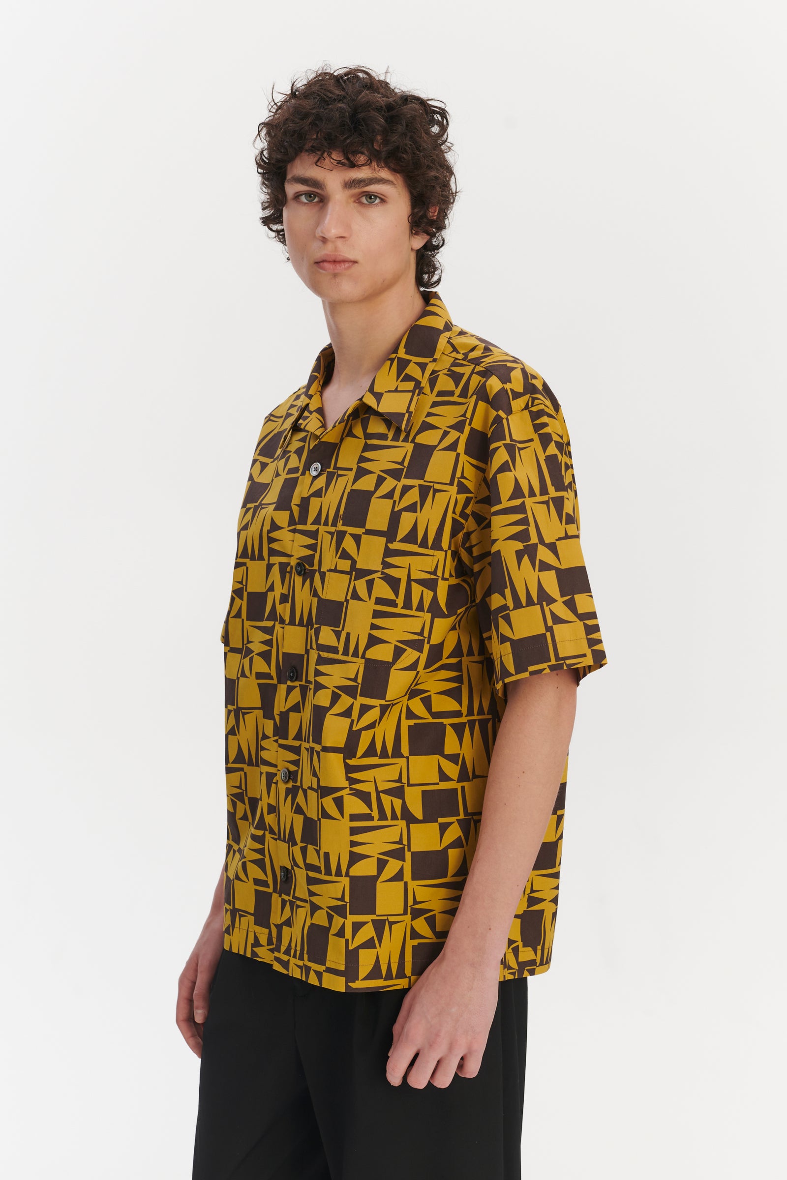 Short Sleeve Cuban Collar Shirt in a Yellow and Brown Geometric Italian Cotton