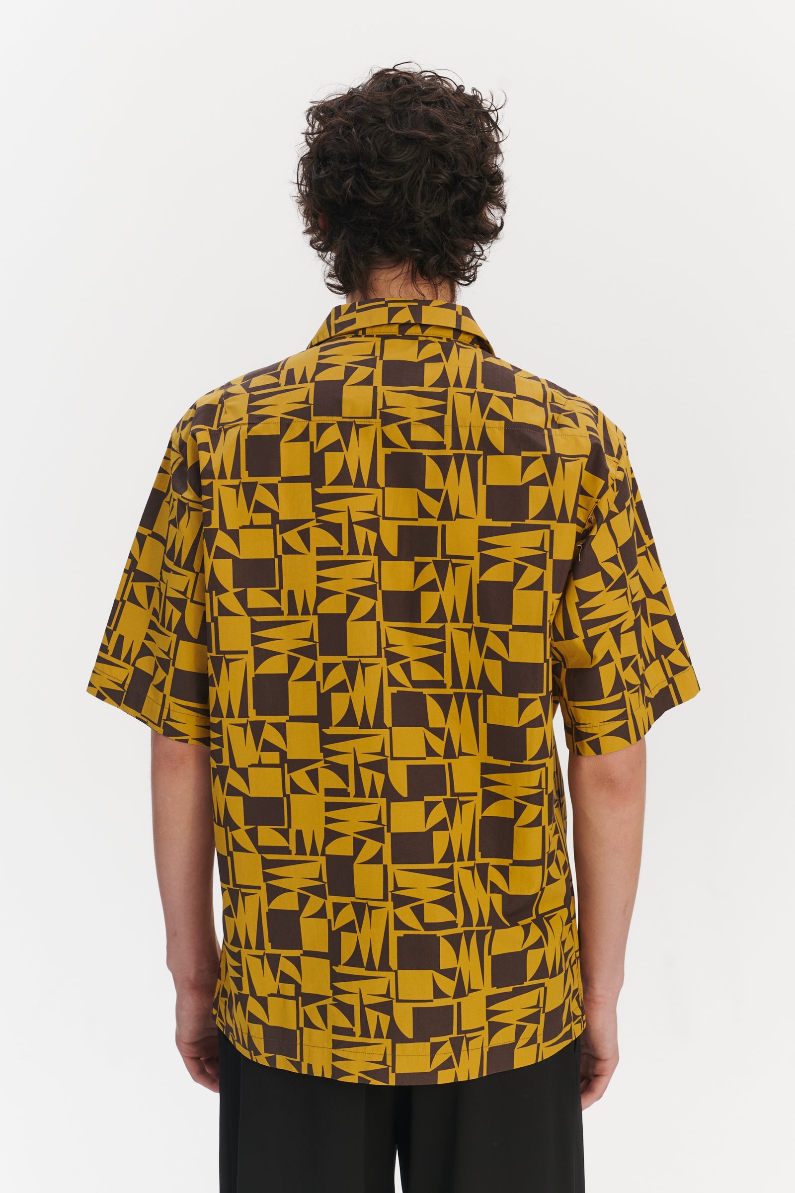 Short Sleeve Cuban Collar Shirt in a Yellow and Brown Geometric Italian Cotton