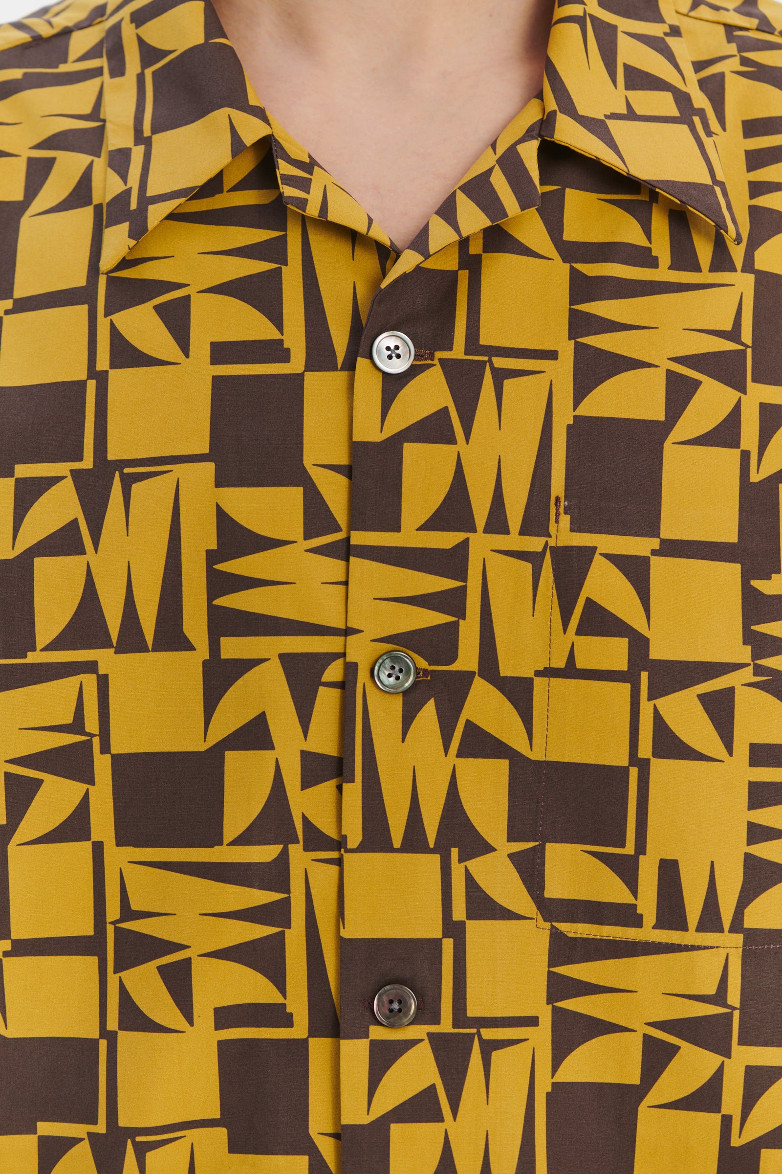 Short Sleeve Cuban Collar Shirt in a Yellow and Brown Geometric Italian Cotton