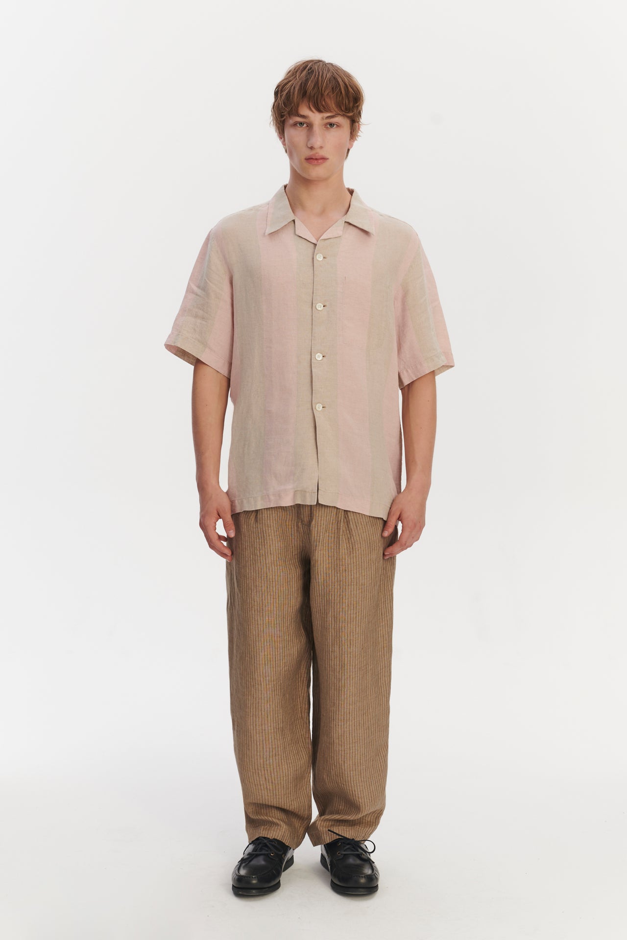 Short Sleeve Relaxed Cuban Collar Shirt in Tonal Pink and Beige Stripes of a Superb Italian Traceable Linen