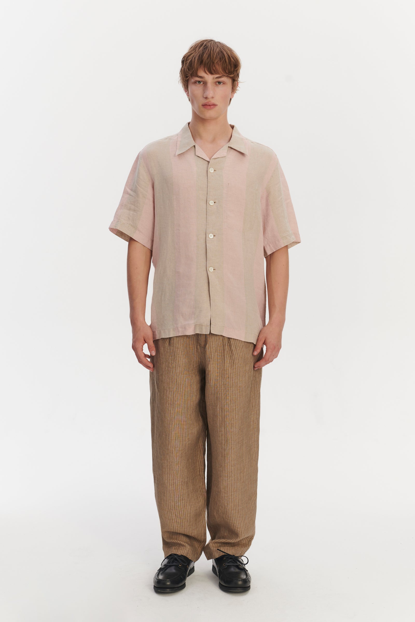 Short Sleeve Relaxed Cuban Collar Shirt in Tonal Pink and Beige Stripes of a Superb Italian Traceable Linen