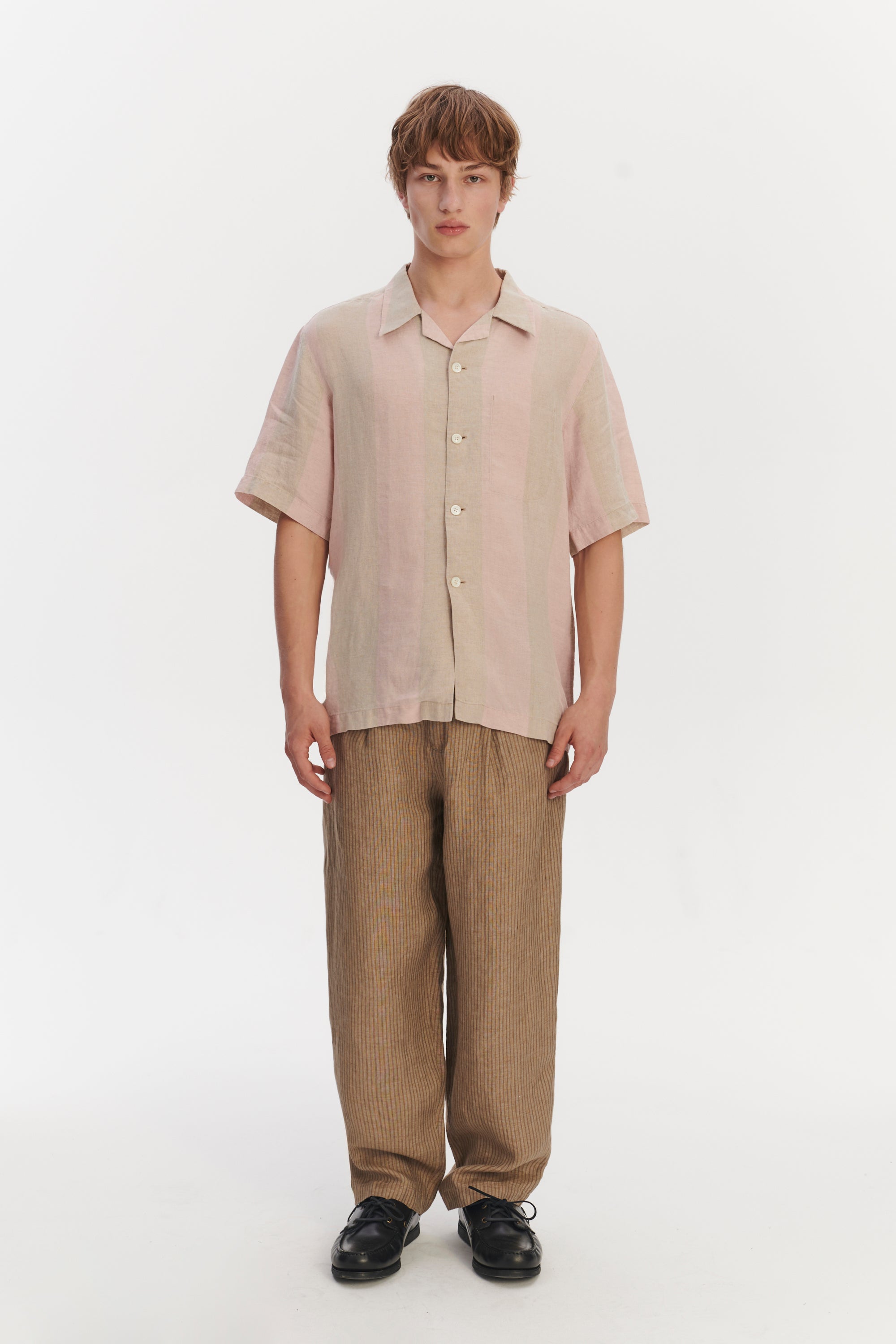 Short Sleeve Relaxed Cuban Collar Shirt in Tonal Pink and Beige Stripes of a Superb Italian Traceable Linen