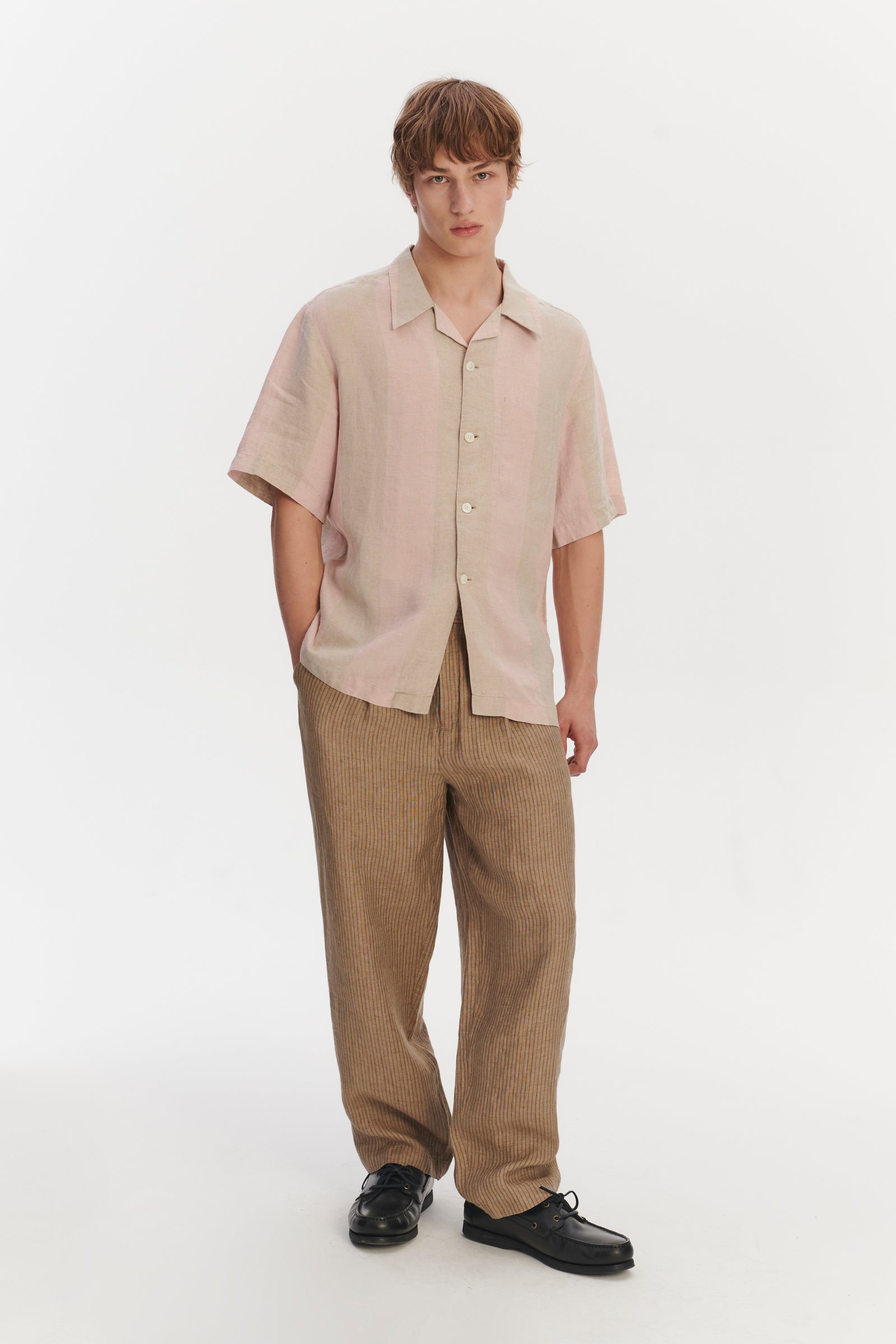 Short Sleeve Relaxed Cuban Collar Shirt in Tonal Pink and Beige Stripes of a Superb Italian Traceable Linen