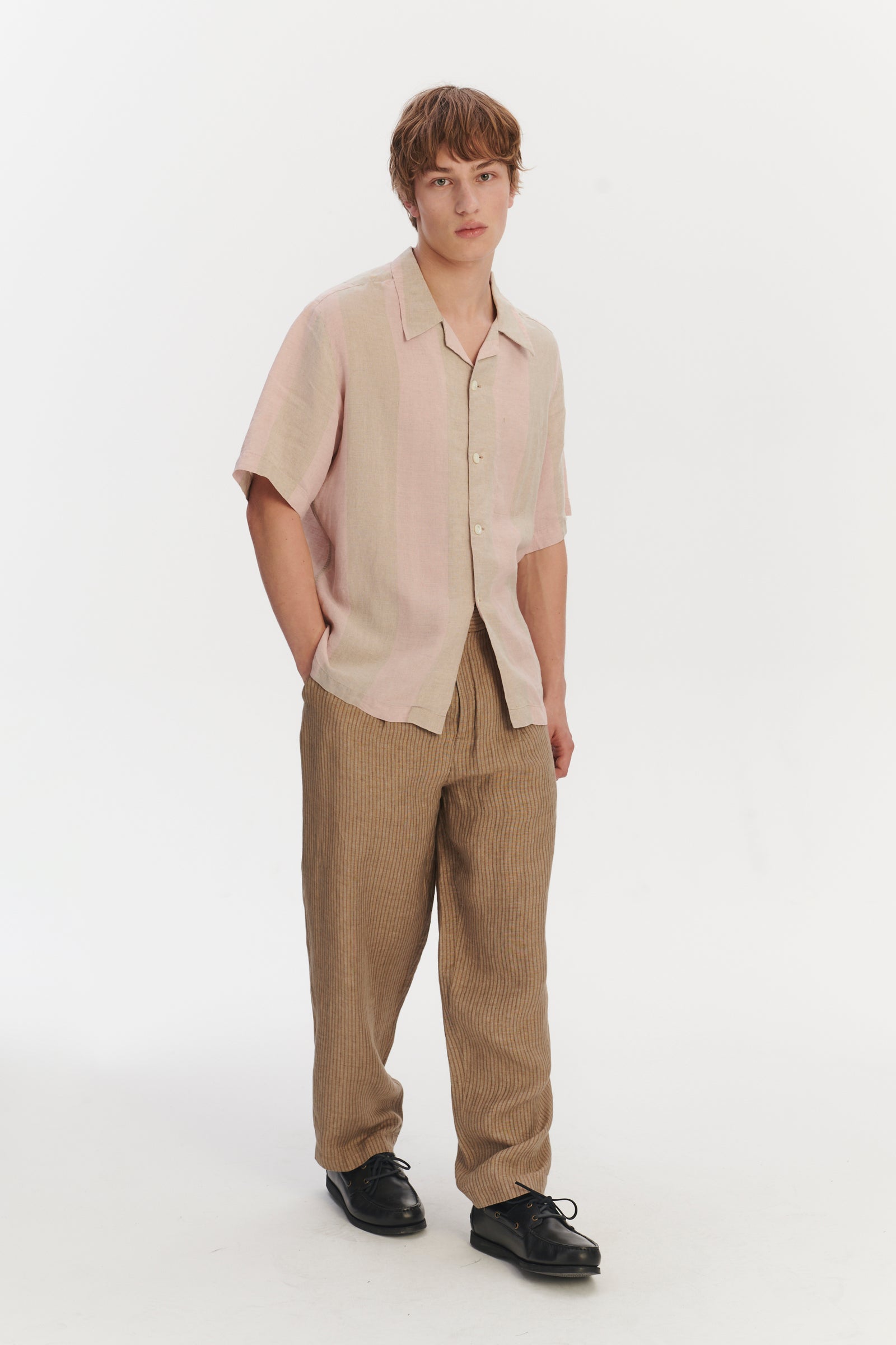 Short Sleeve Relaxed Cuban Collar Shirt in Tonal Pink and Beige Stripes of a Superb Italian Traceable Linen