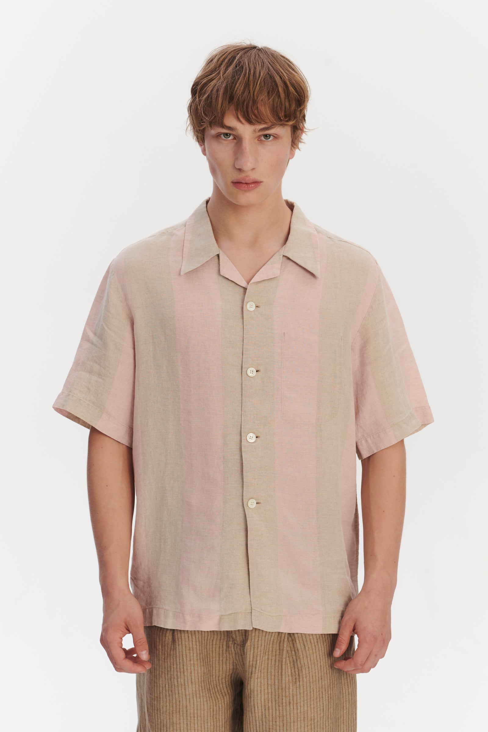 Short Sleeve Relaxed Cuban Collar Shirt in Tonal Pink and Beige Stripes of a Superb Italian Traceable Linen