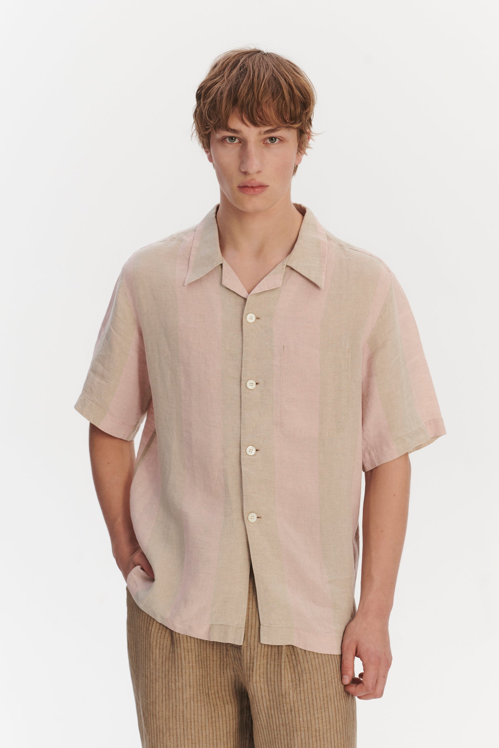 Short Sleeve Relaxed Cuban Collar Shirt in Tonal Pink and Beige Stripes of a Superb Italian Traceable Linen