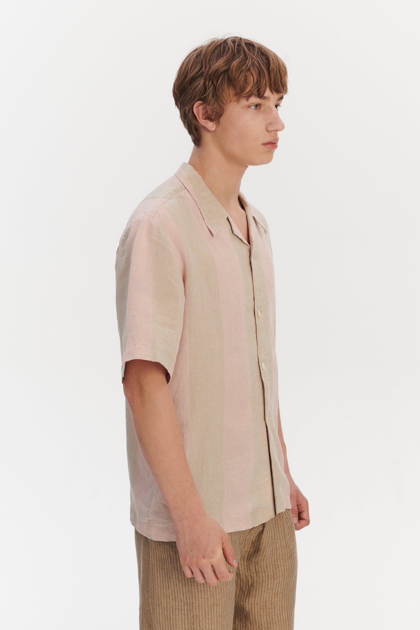 Short Sleeve Relaxed Cuban Collar Shirt in Tonal Pink and Beige Stripes of a Superb Italian Traceable Linen