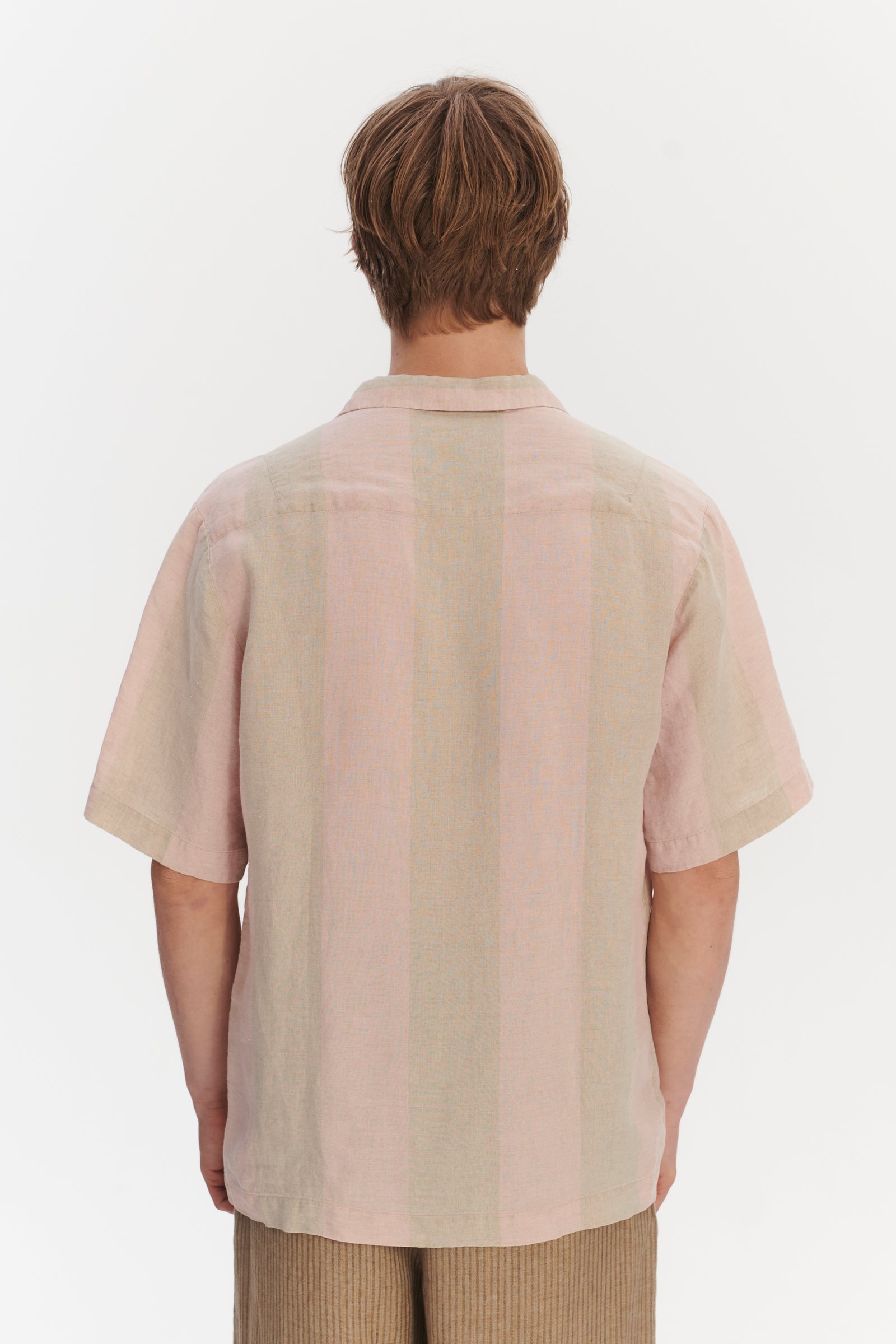 Short Sleeve Relaxed Cuban Collar Shirt in Tonal Pink and Beige Stripes of a Superb Italian Traceable Linen