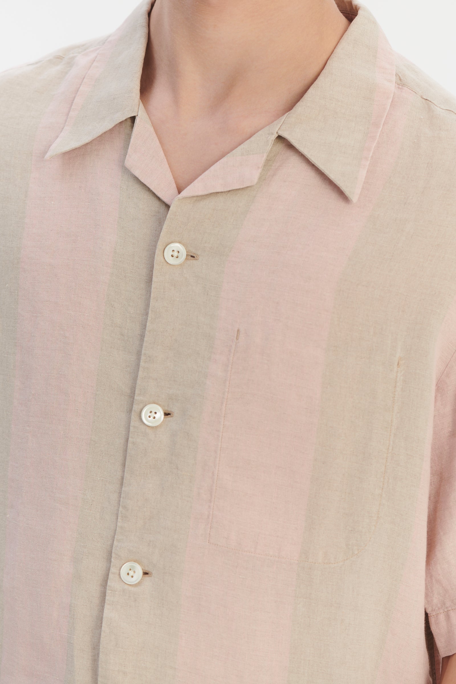 Short Sleeve Relaxed Cuban Collar Shirt in Tonal Pink and Beige Stripes of a Superb Italian Traceable Linen