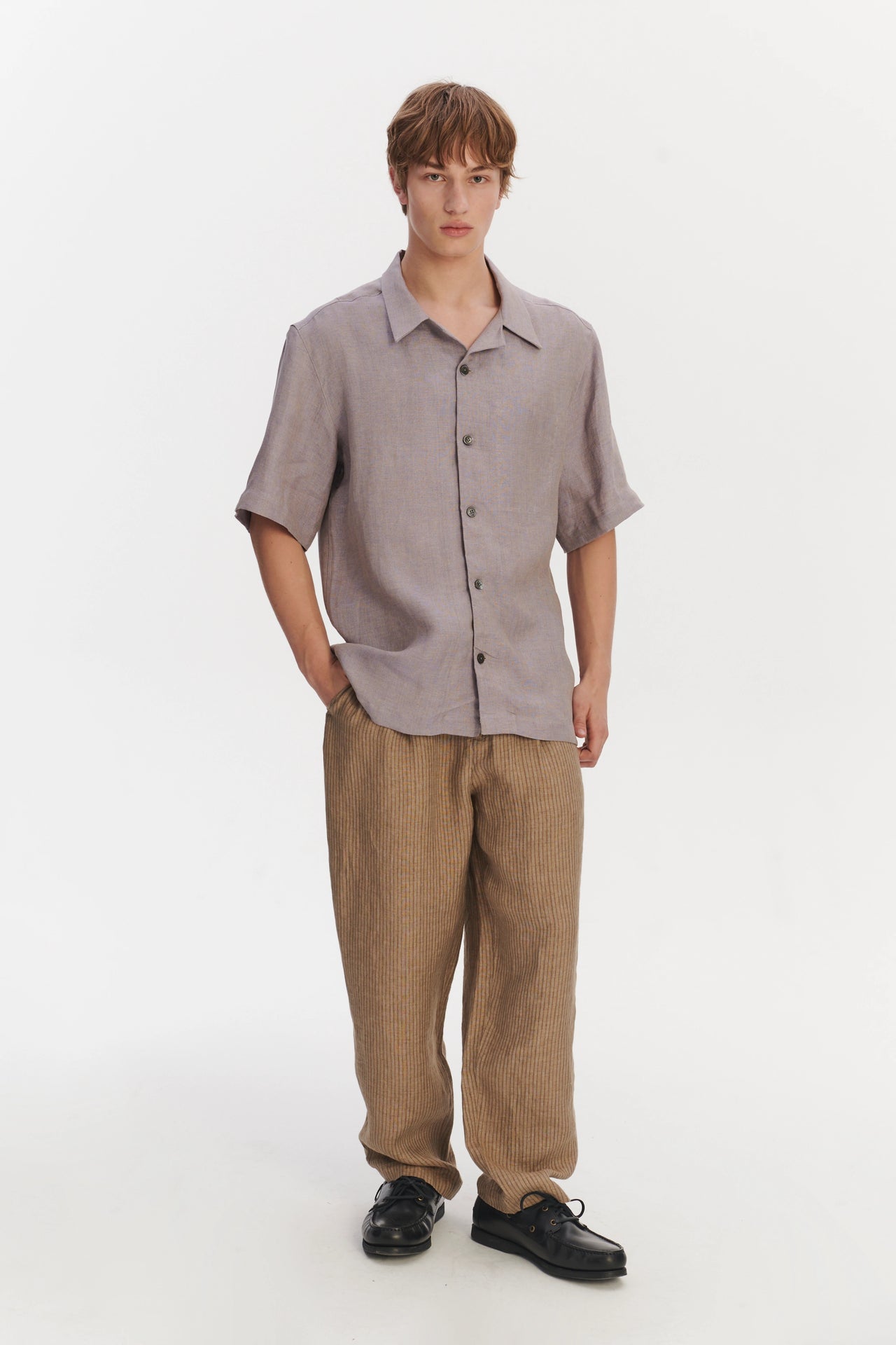 Cuban Collar Shirt in a Lavender Structured Italian Oxford Linen