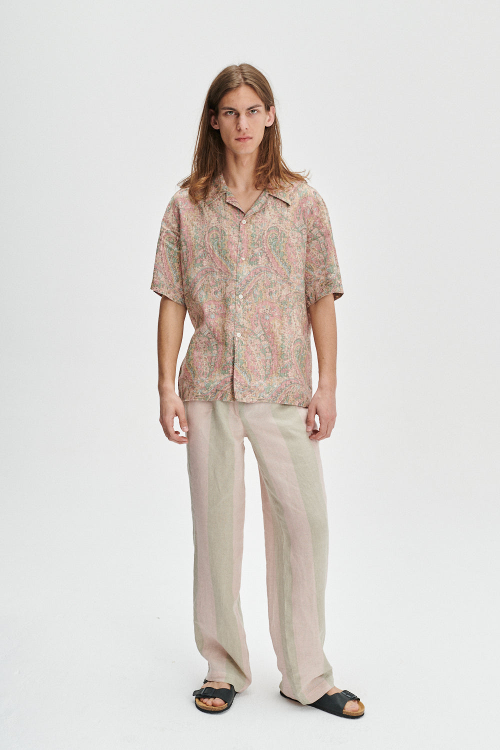 Short Sleeve Relaxed Cuban Collar Shirt in a Pink, Green and Beige Shaded Paisley Design Japanese Linen