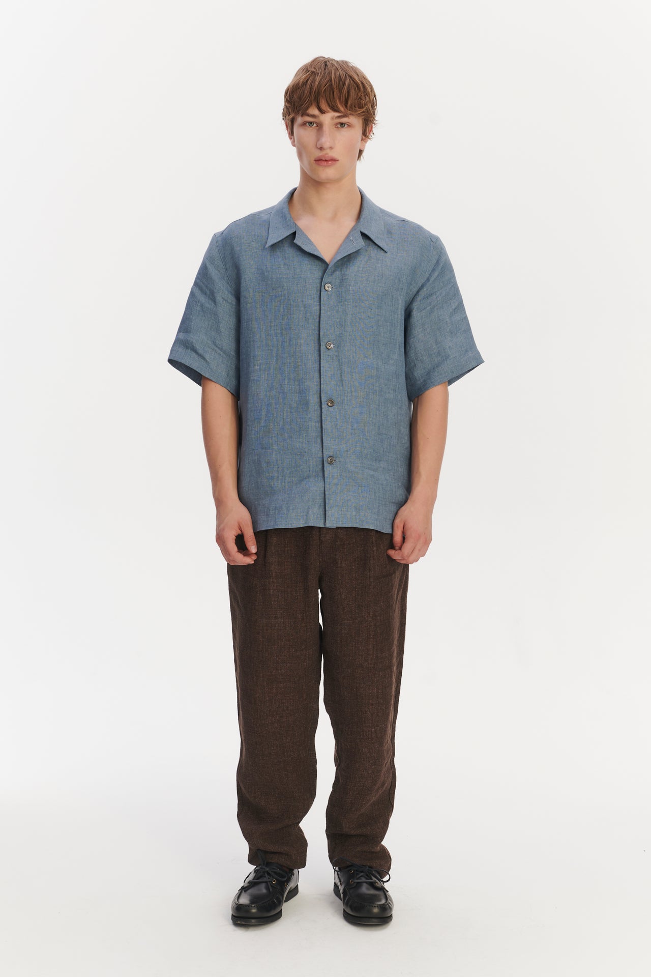 Cuban Collar Shirt in a Steel Blue Structured Italian Oxford Linen