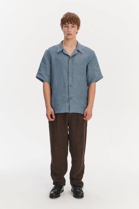 Cuban Collar Shirt in a Steel Blue Rich Structured Italian Oxford Linen