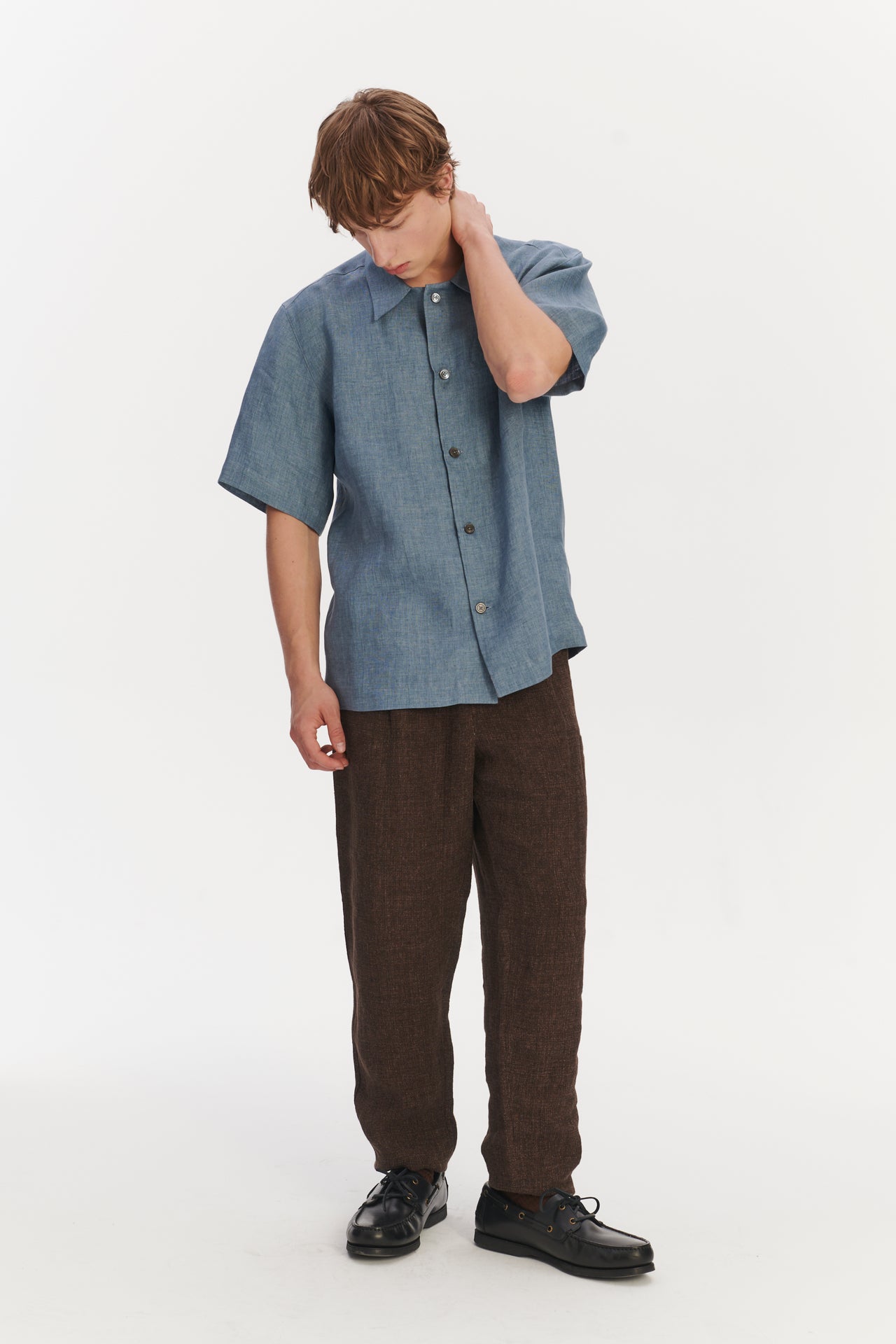 Cuban Collar Shirt in a Steel Blue Structured Italian Oxford Linen