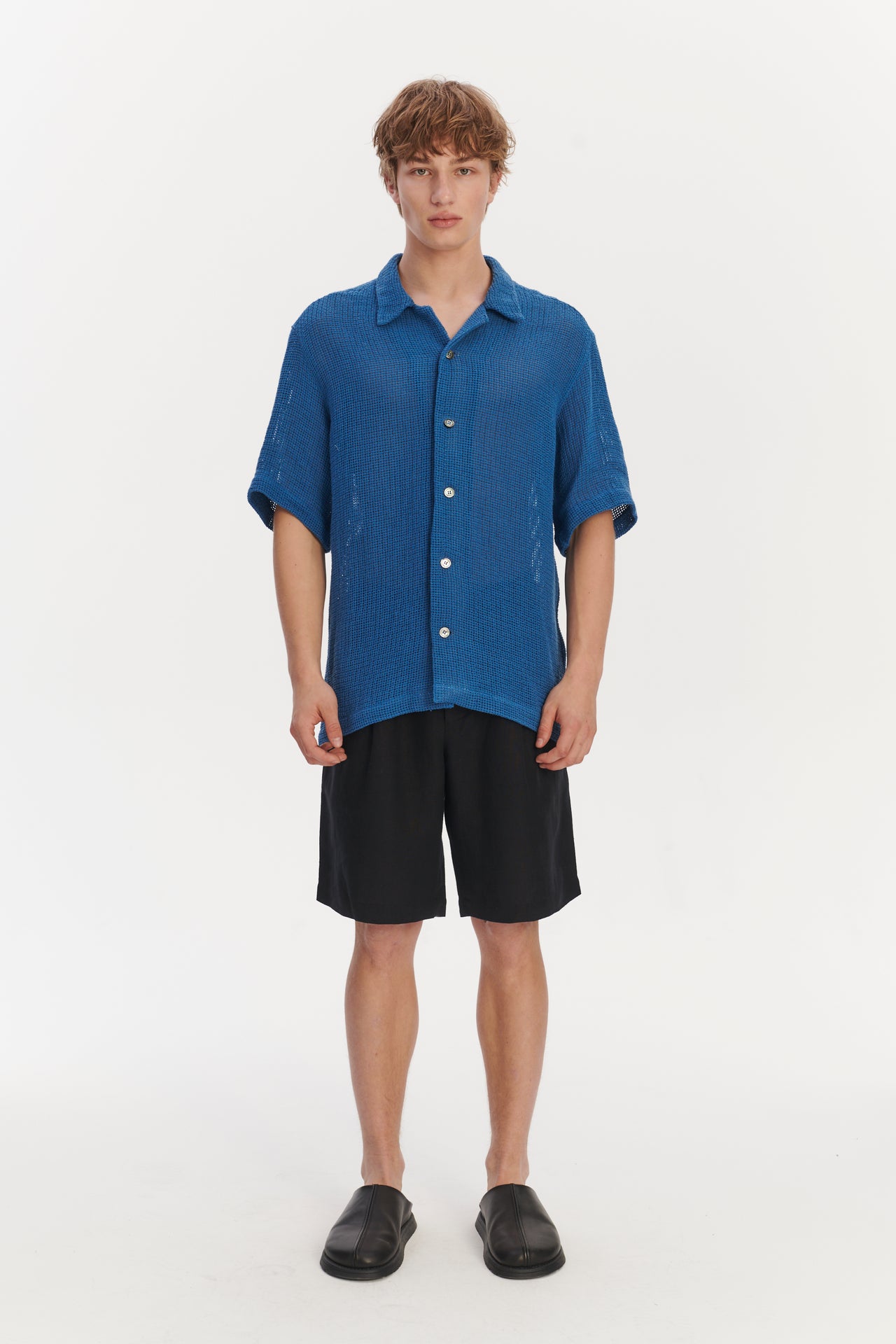 Short Sleeve Cuban Collar Shirt in a Soft Cornflower Blue Open Weave Cotton