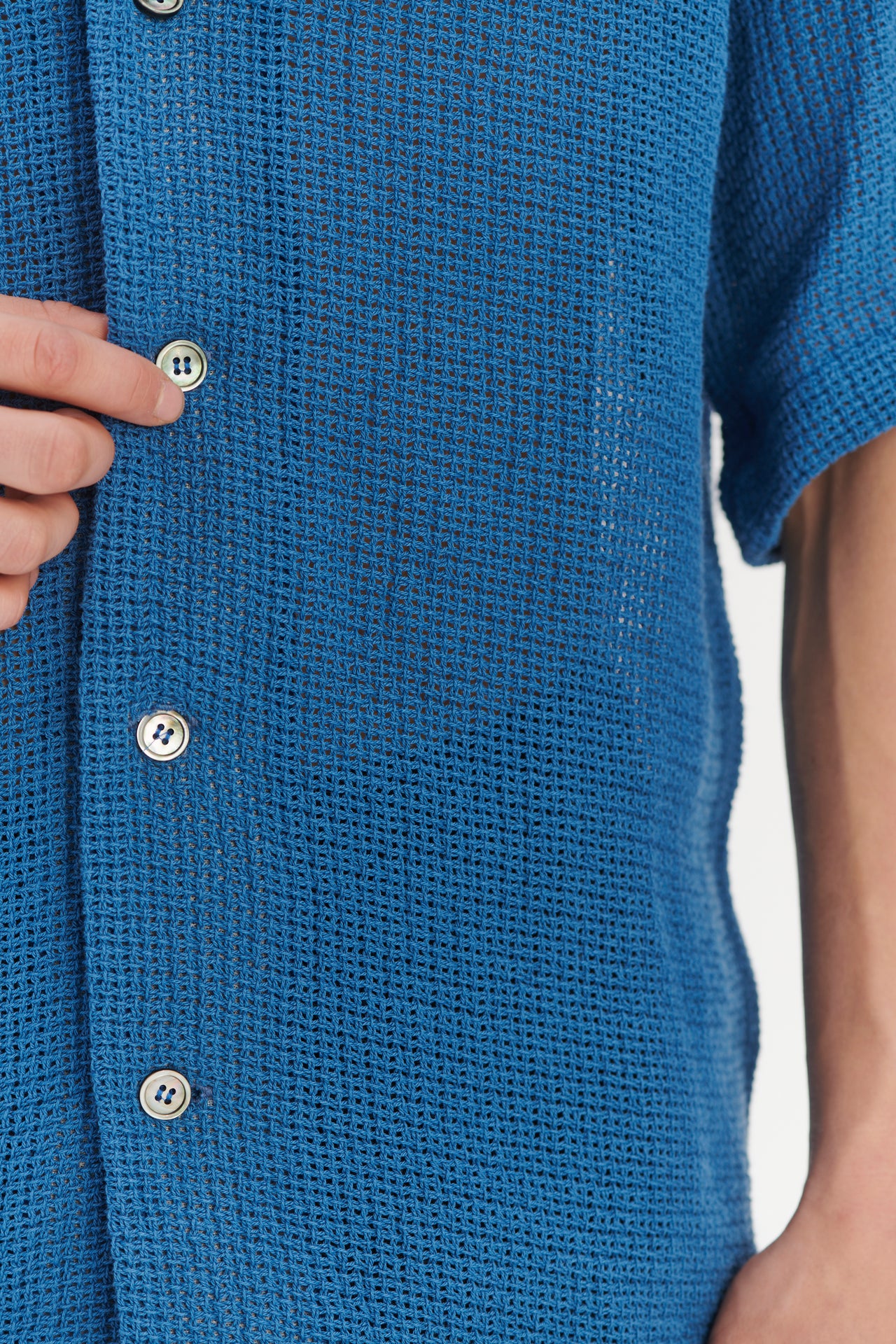 Short Sleeve Cuban Collar Shirt in a Soft Cornflower Blue Open Weave Cotton