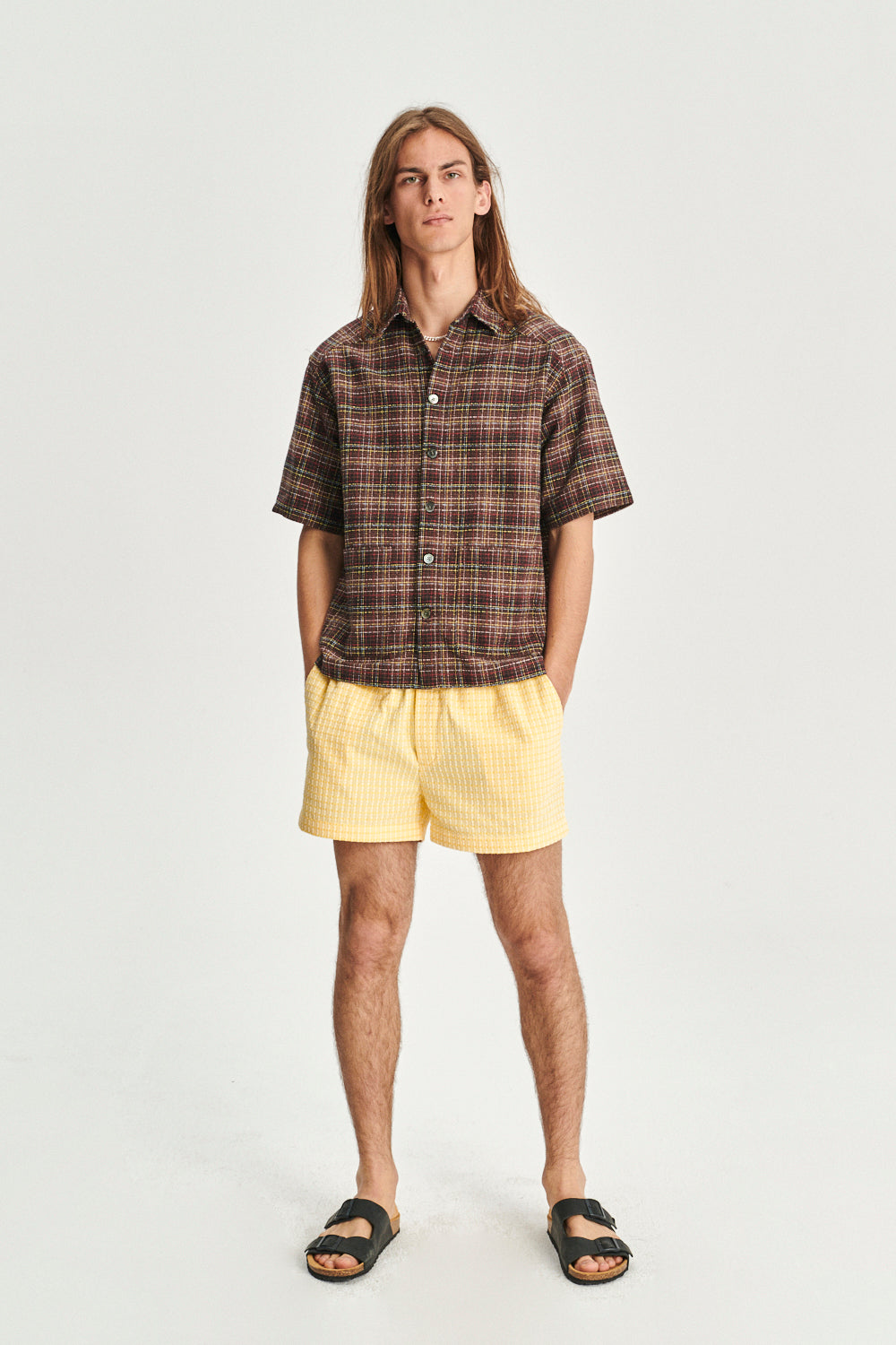 Short Sleeve Garden Shirt in a Brown, Yellow, White and Red Chequered Portuguese Cotton
