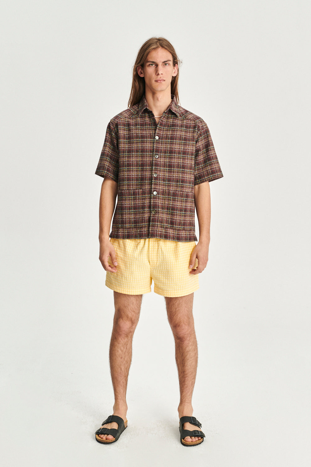 Short Sleeve Garden Shirt in a Brown, Yellow, White and Red Chequered Portuguese Cotton