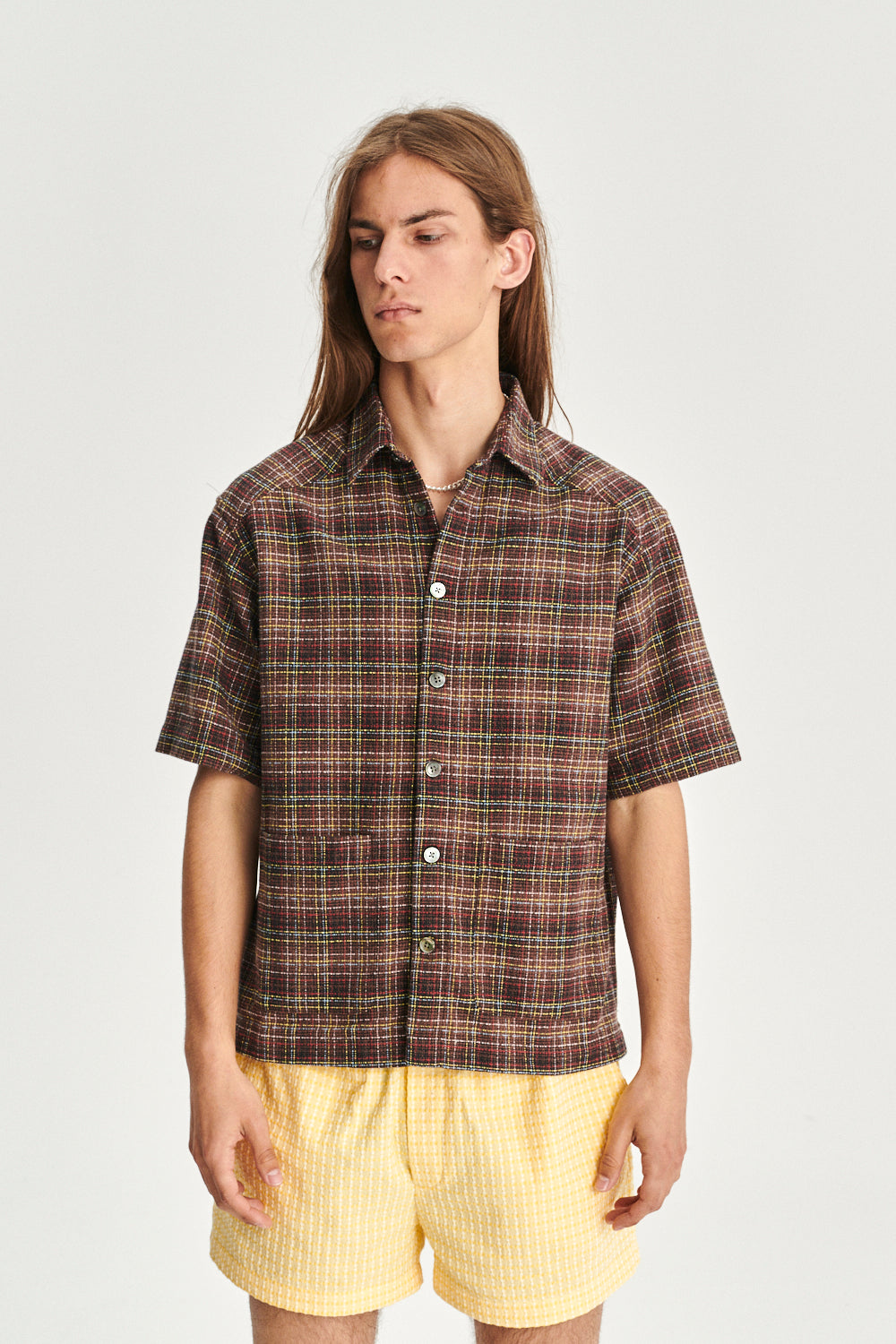 Short Sleeve Garden Shirt in a Brown, Yellow, White and Red Chequered Portuguese Cotton