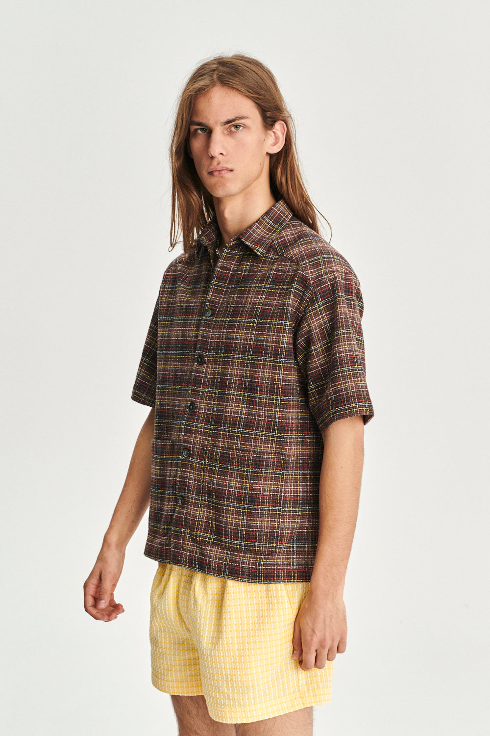 Short Sleeve Garden Shirt in a Brown, Yellow, White and Red Chequered Portuguese Cotton