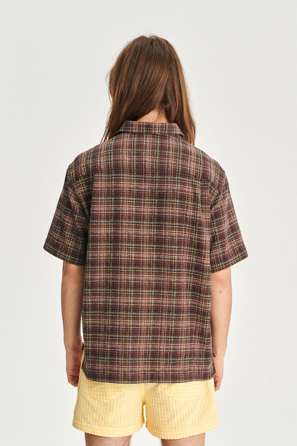 Short Sleeve Garden Shirt in a Brown, Yellow, White and Red Chequered Portuguese Cotton