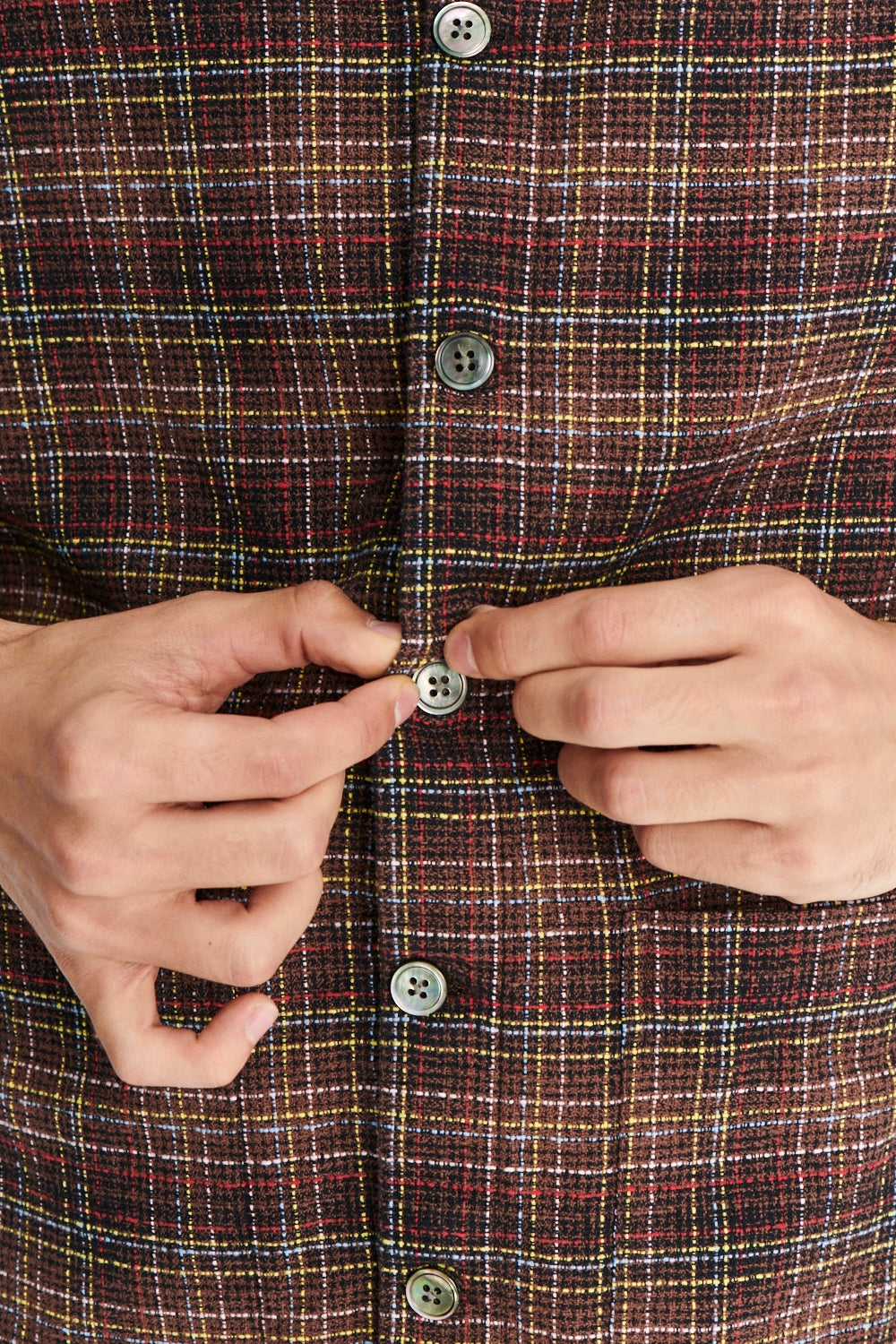 Short Sleeve Garden Shirt in a Brown, Yellow, White and Red Chequered Portuguese Cotton