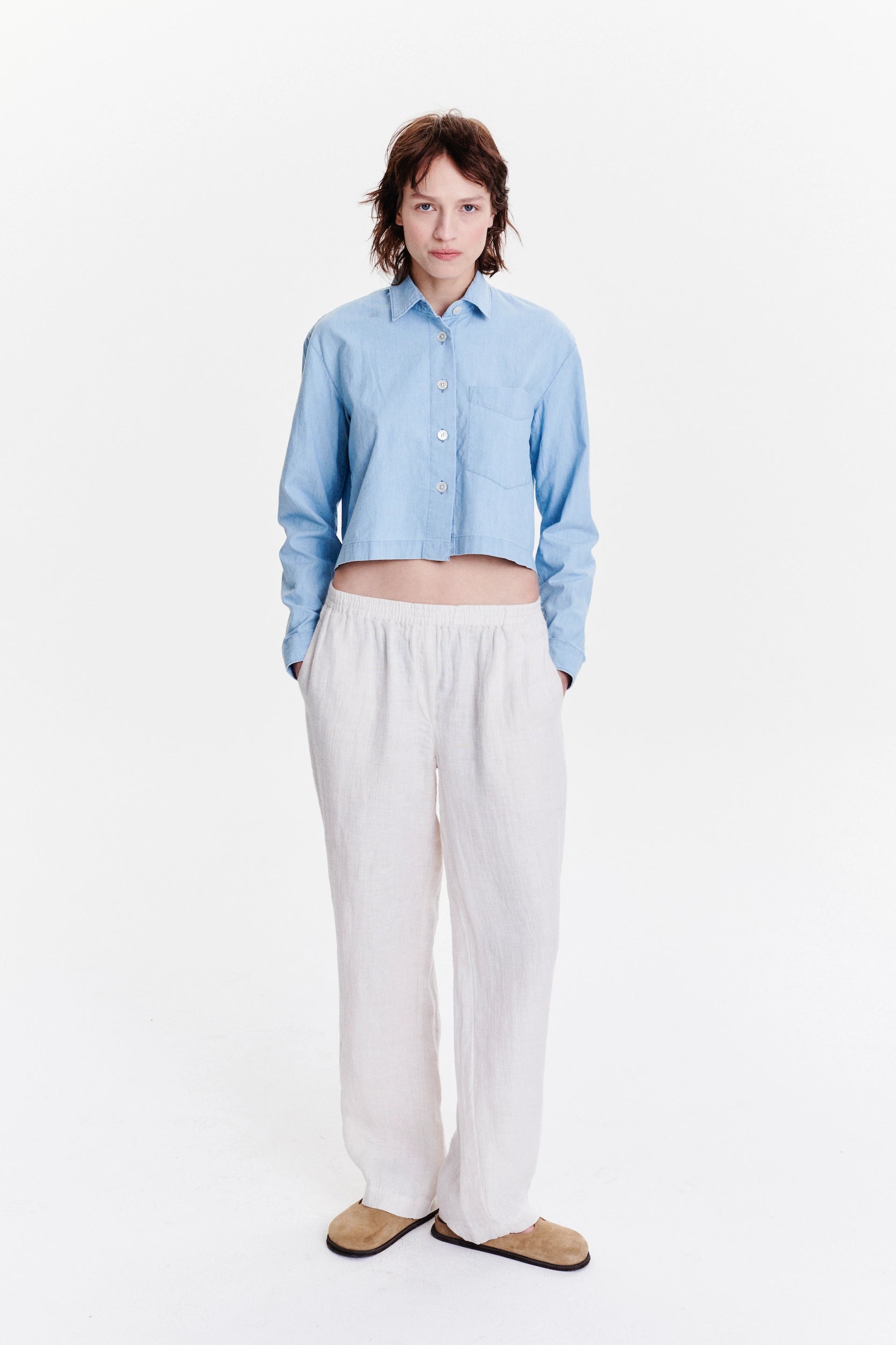 Relaxed Cropped Shirt in a Pale Sky Blue Bleached Italian Cotton Denim