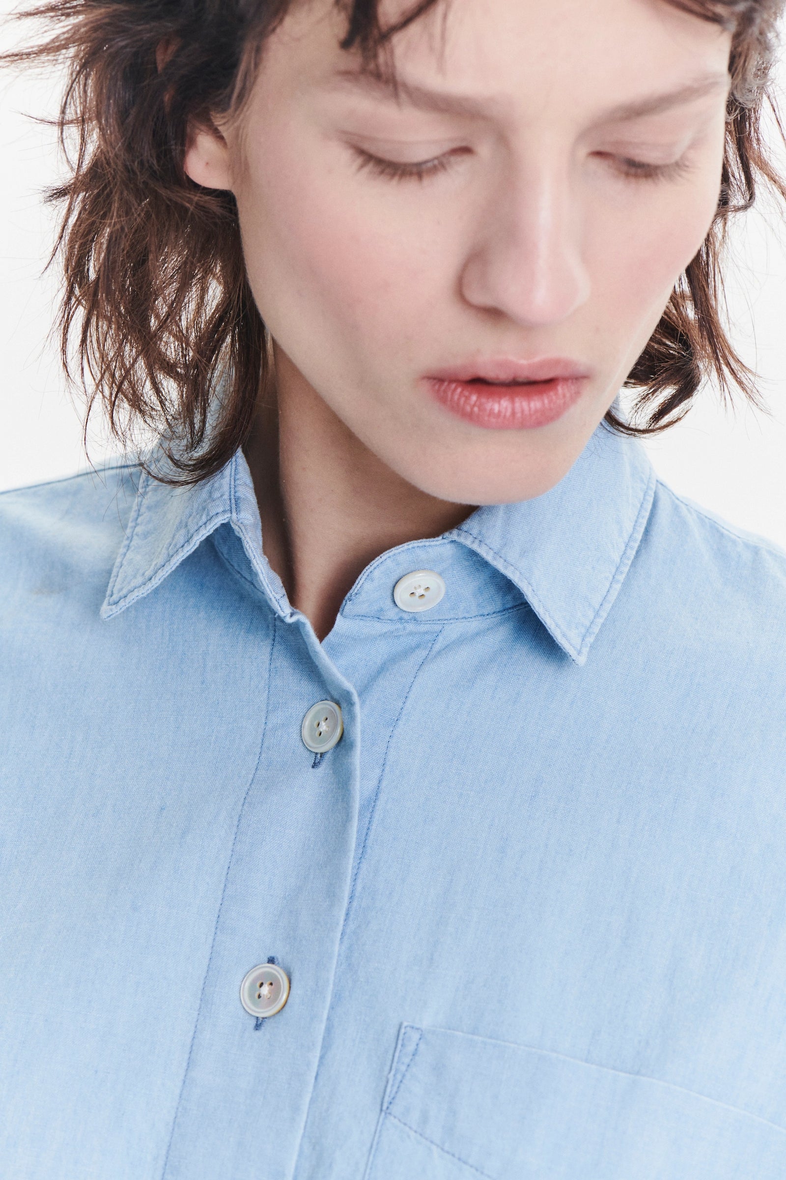 Relaxed Cropped Shirt in a Pale Sky Blue Bleached Italian Cotton Denim