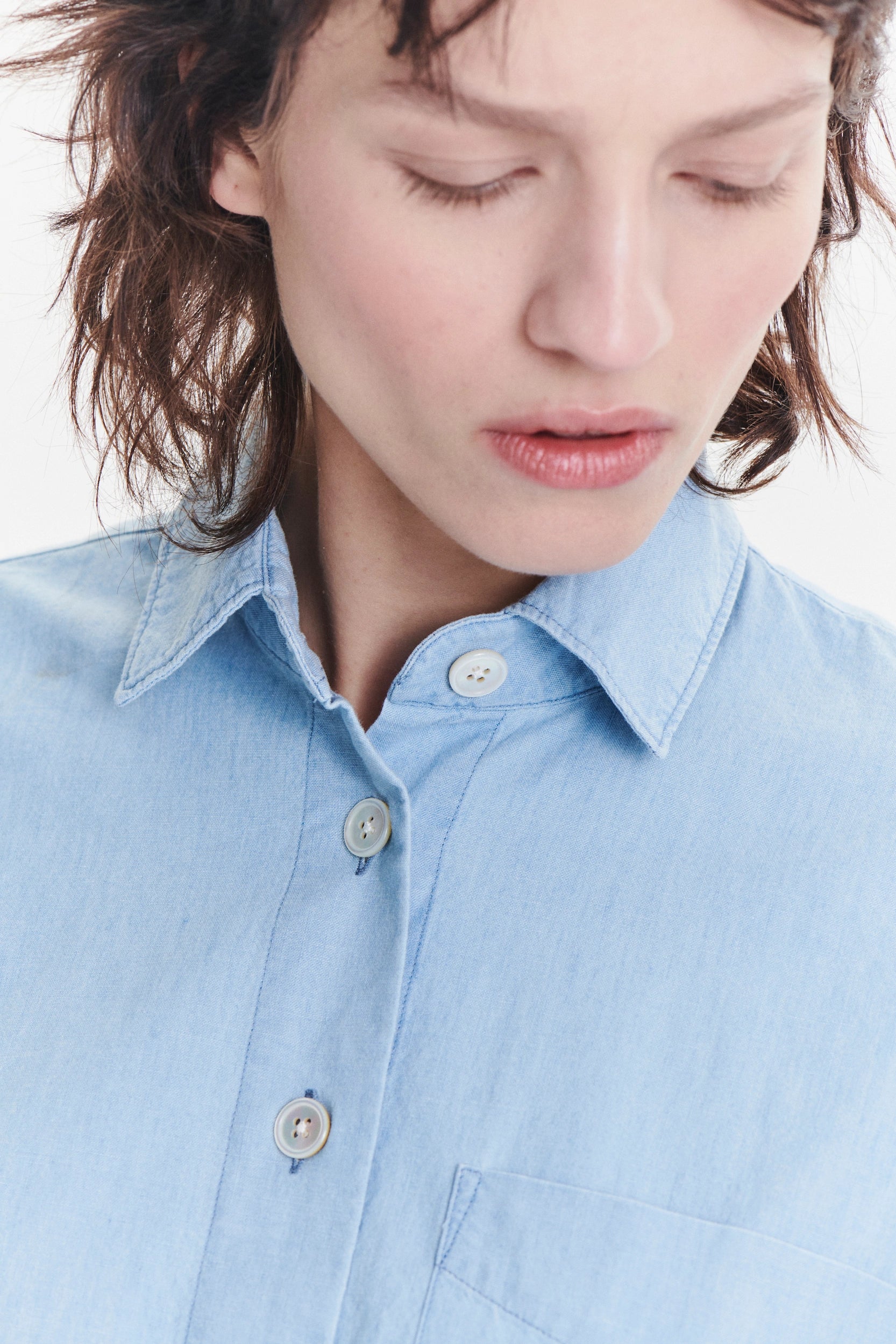 Relaxed Cropped Shirt in a Pale Sky Blue Bleached Italian Cotton Denim